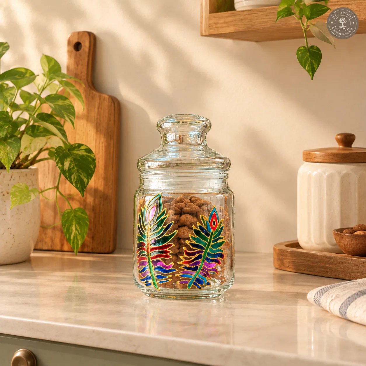Hand Painted Peacock Feather Glass Jar- Airtight Decorative Storage Jar