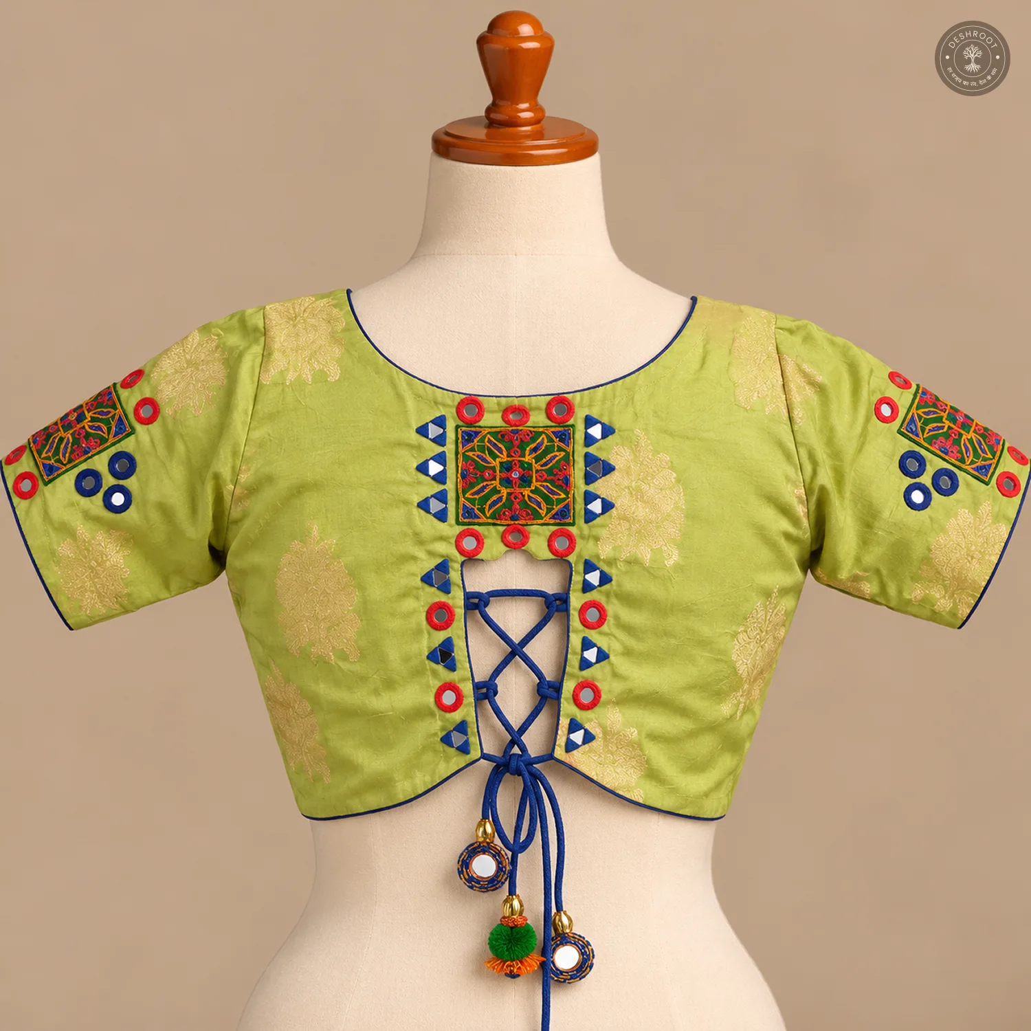 Green Dola Silk Designer Blouse with Multicolour Embellished Neckline