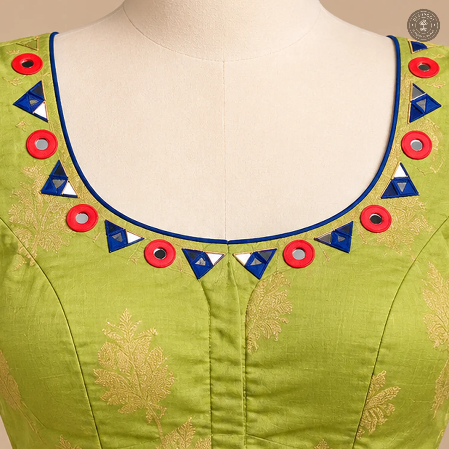 Green Dola Silk Designer Blouse with Multicolour Embellished Neckline