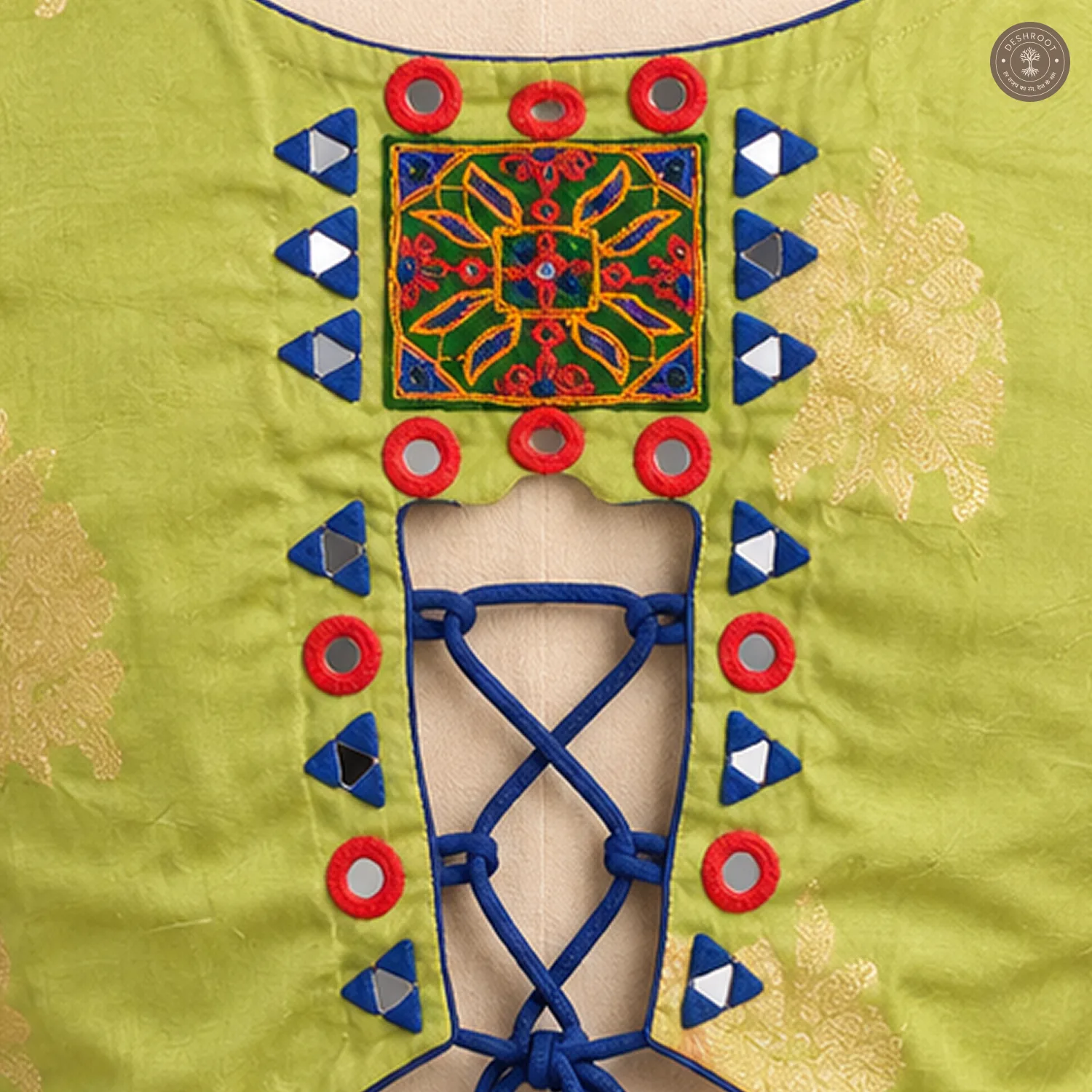 Green Dola Silk Designer Blouse with Multicolour Embellished Neckline