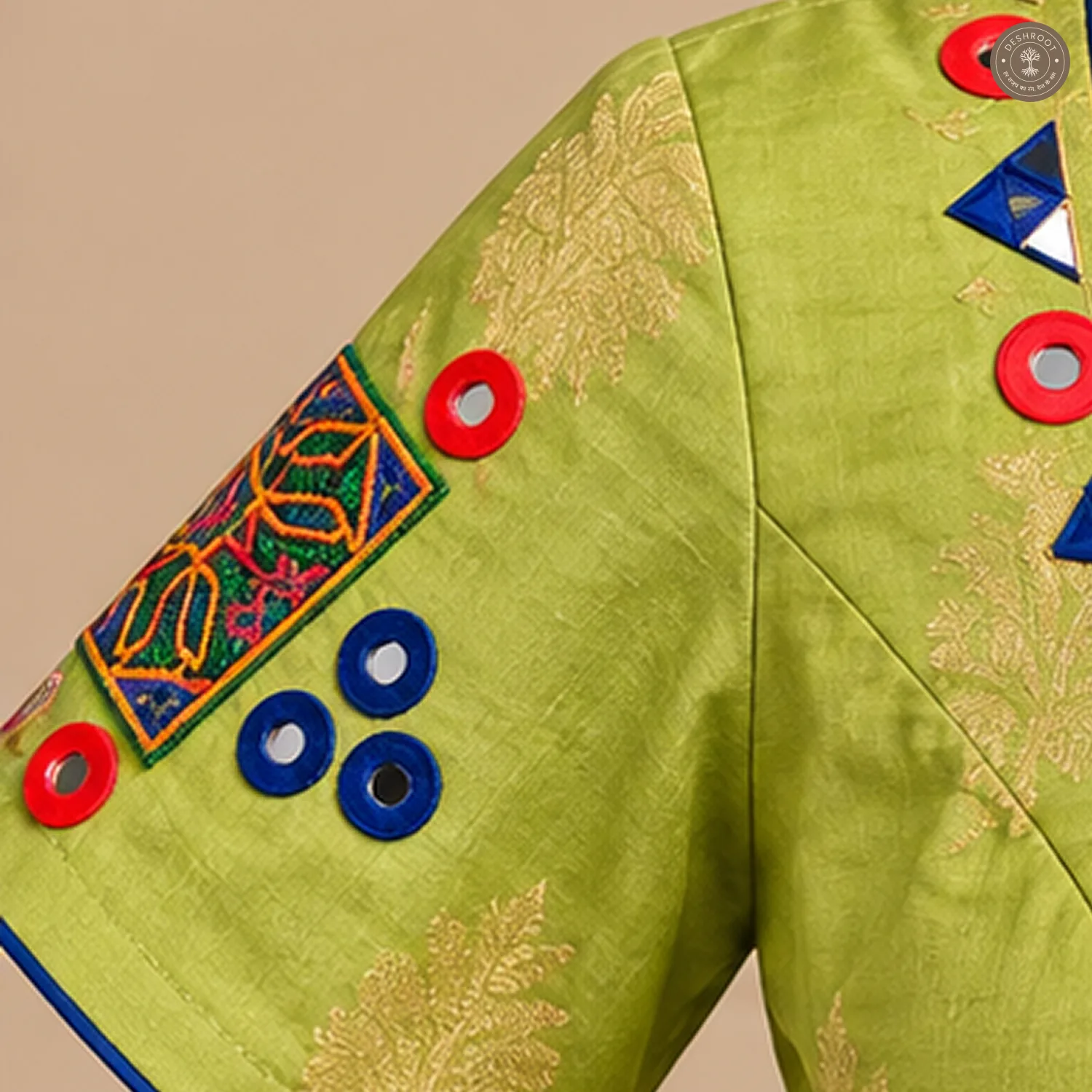 Green Dola Silk Designer Blouse with Multicolour Embellished Neckline