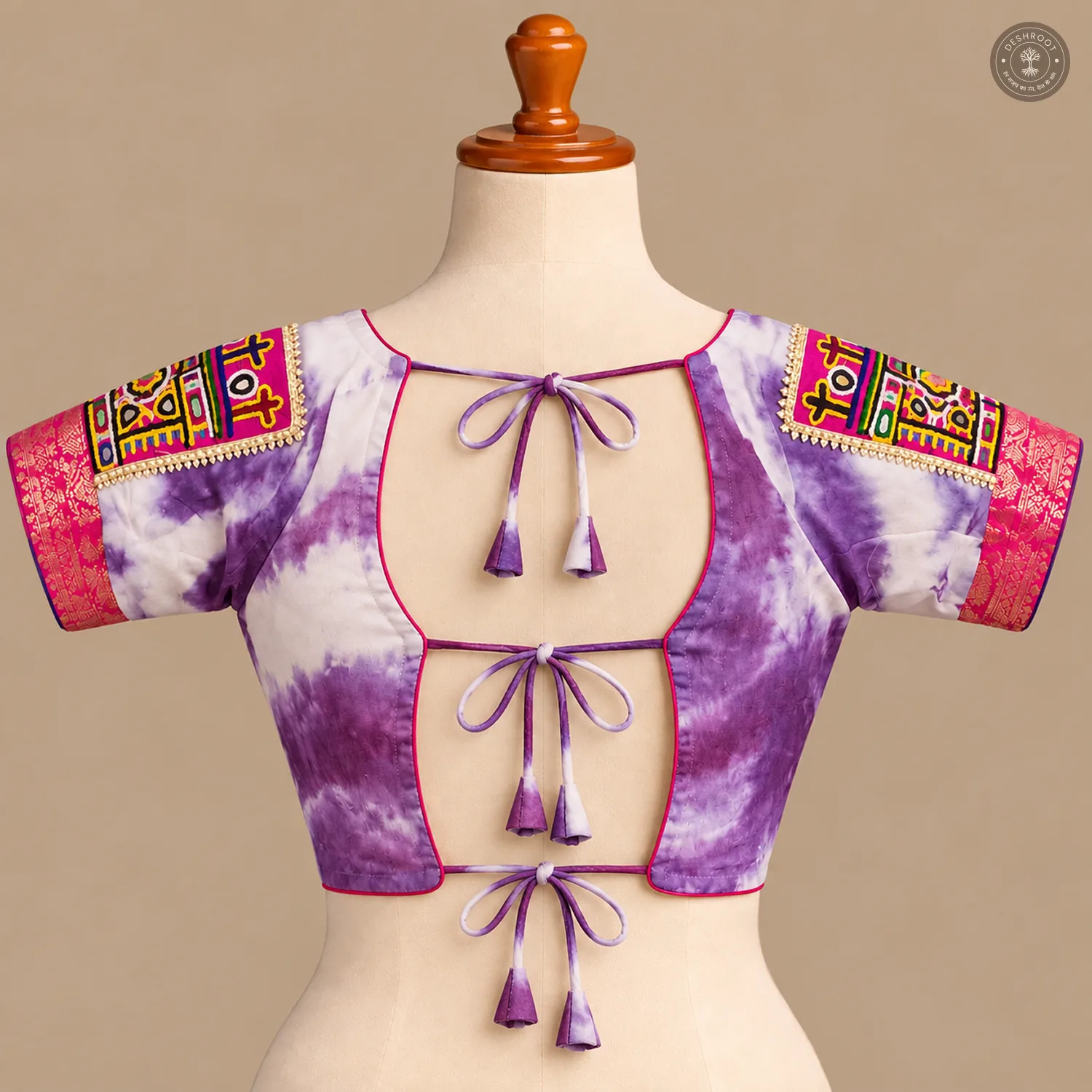 Purple Dola Silk Blouse with Artisan Patchwork & Lace Detailing