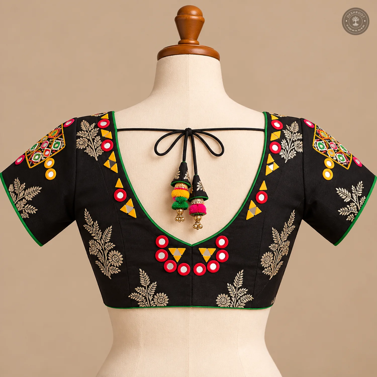 Black Pure Dola Silk Blouse with Handcrafted Vintage Mirror Work