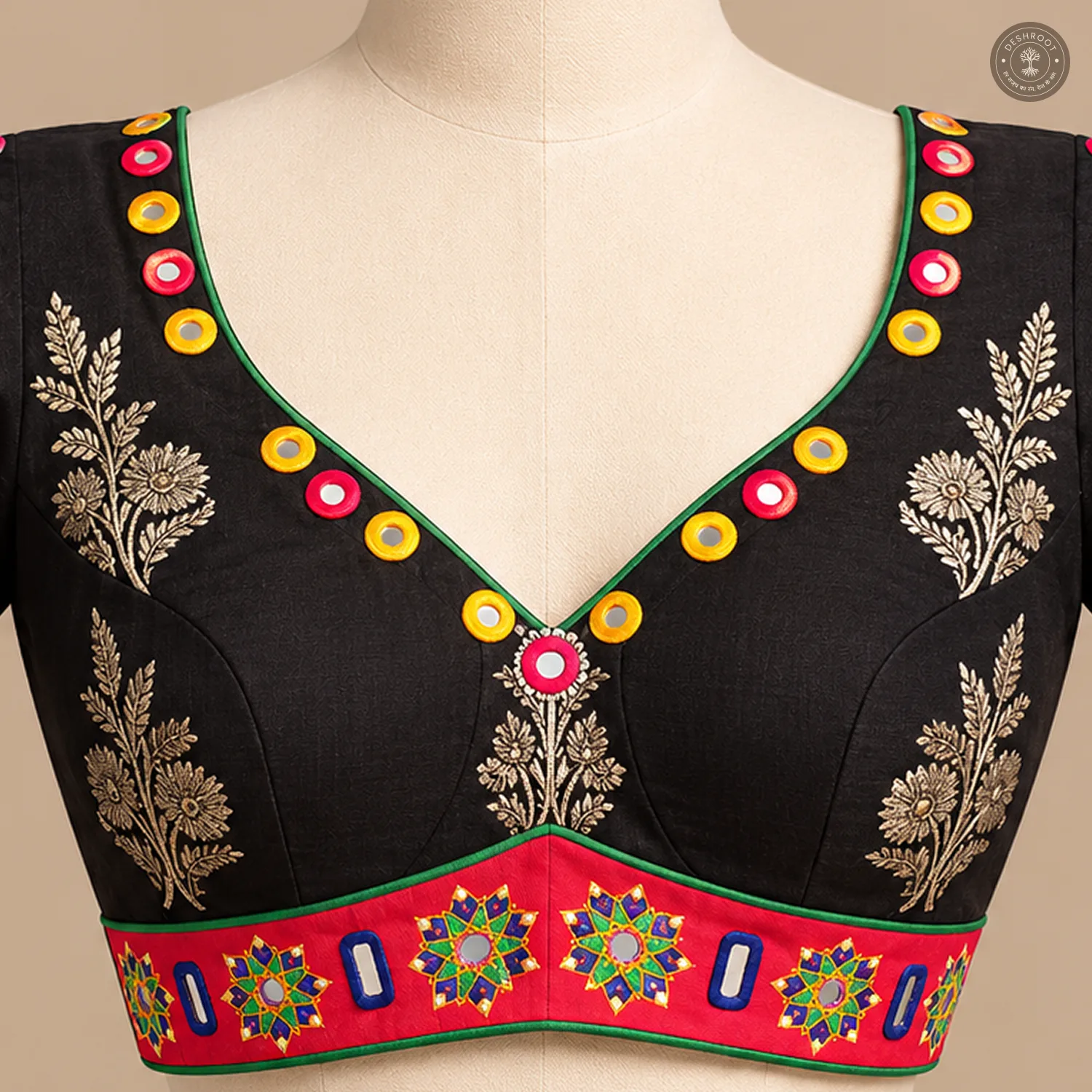 Black Pure Dola Silk Blouse with Handcrafted Vintage Mirror Work