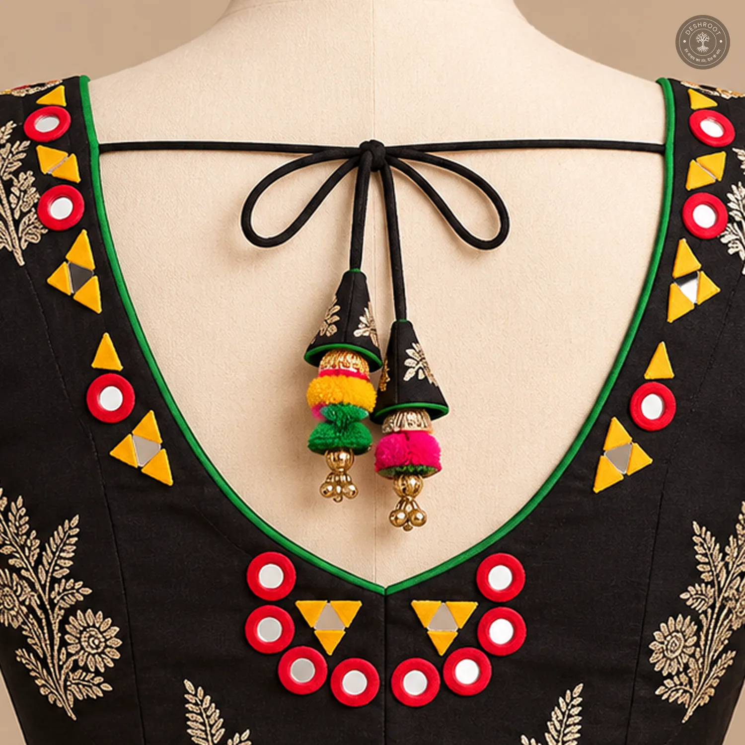 Black Pure Dola Silk Blouse with Handcrafted Vintage Mirror Work