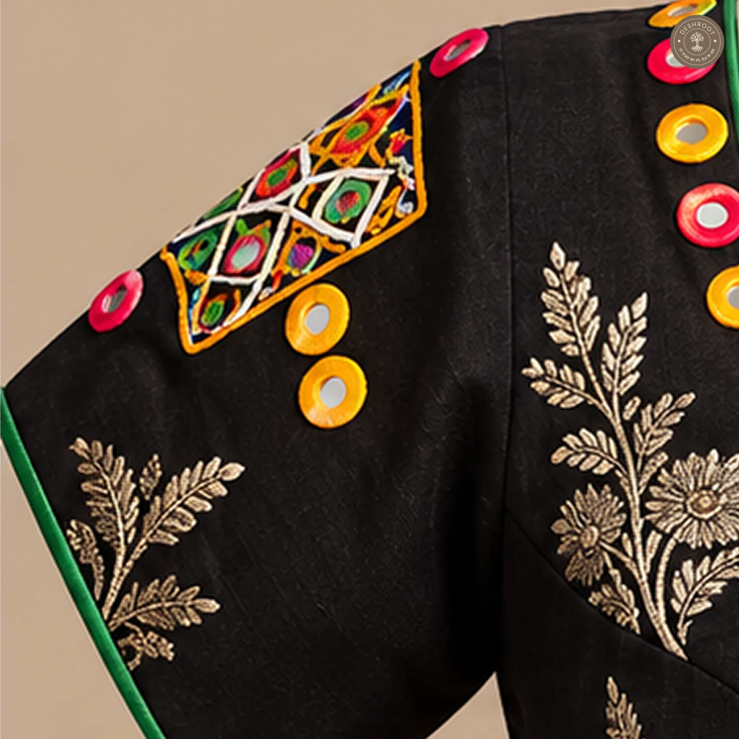 Black Pure Dola Silk Blouse with Handcrafted Vintage Mirror Work