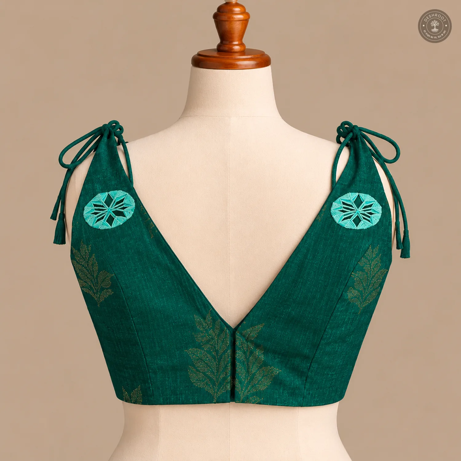 Teal Pure Dola Silk Blouse with Handcrafted Vintage Mirror Work