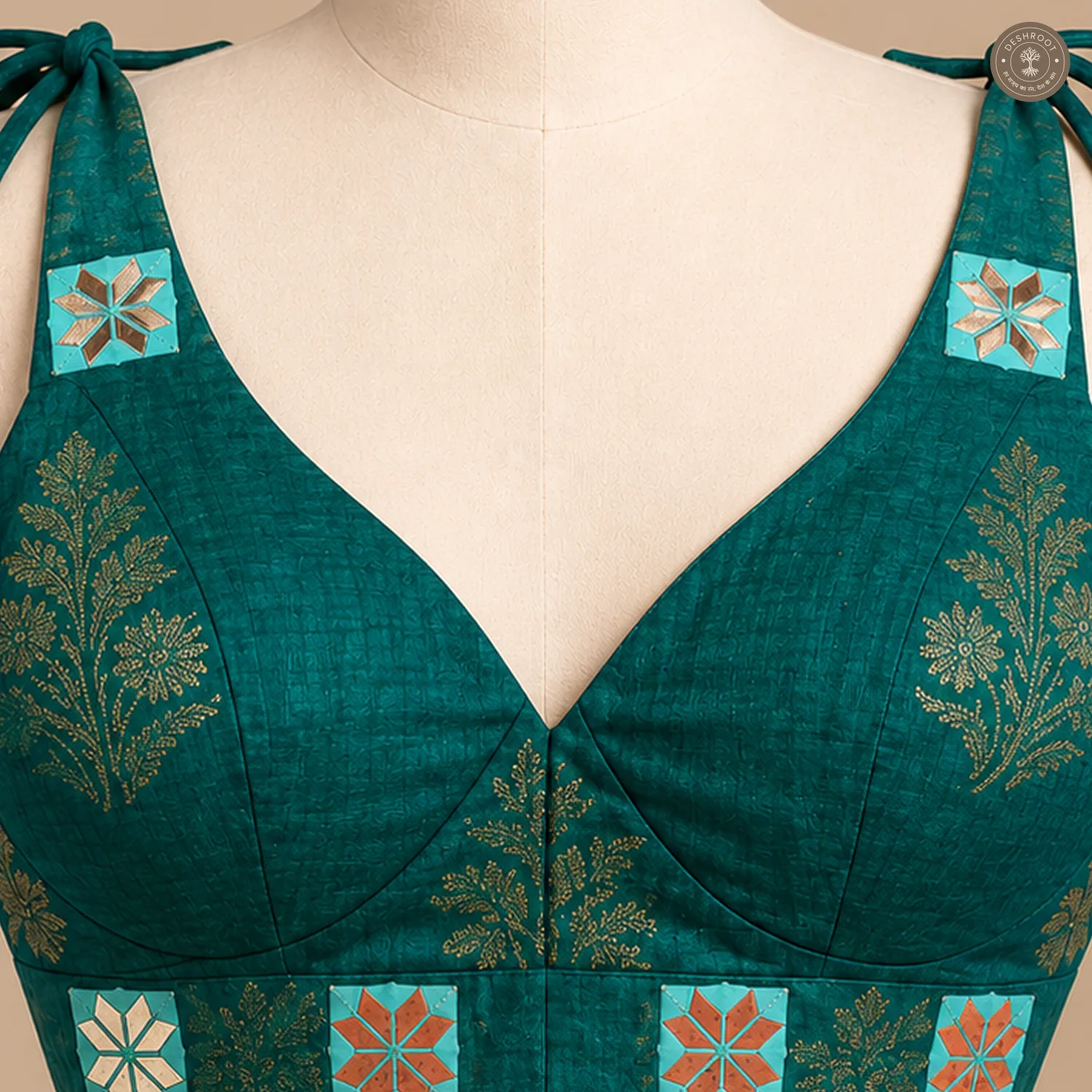 Teal Pure Dola Silk Blouse with Handcrafted Vintage Mirror Work