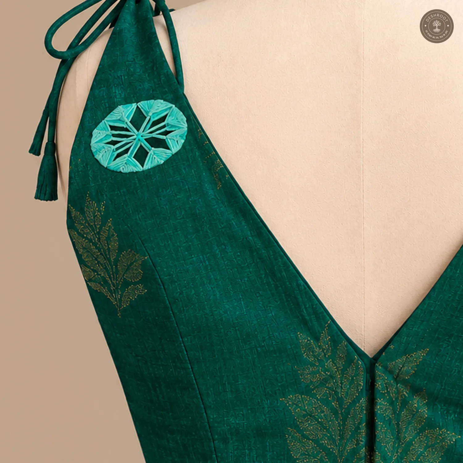 Teal Pure Dola Silk Blouse with Handcrafted Vintage Mirror Work