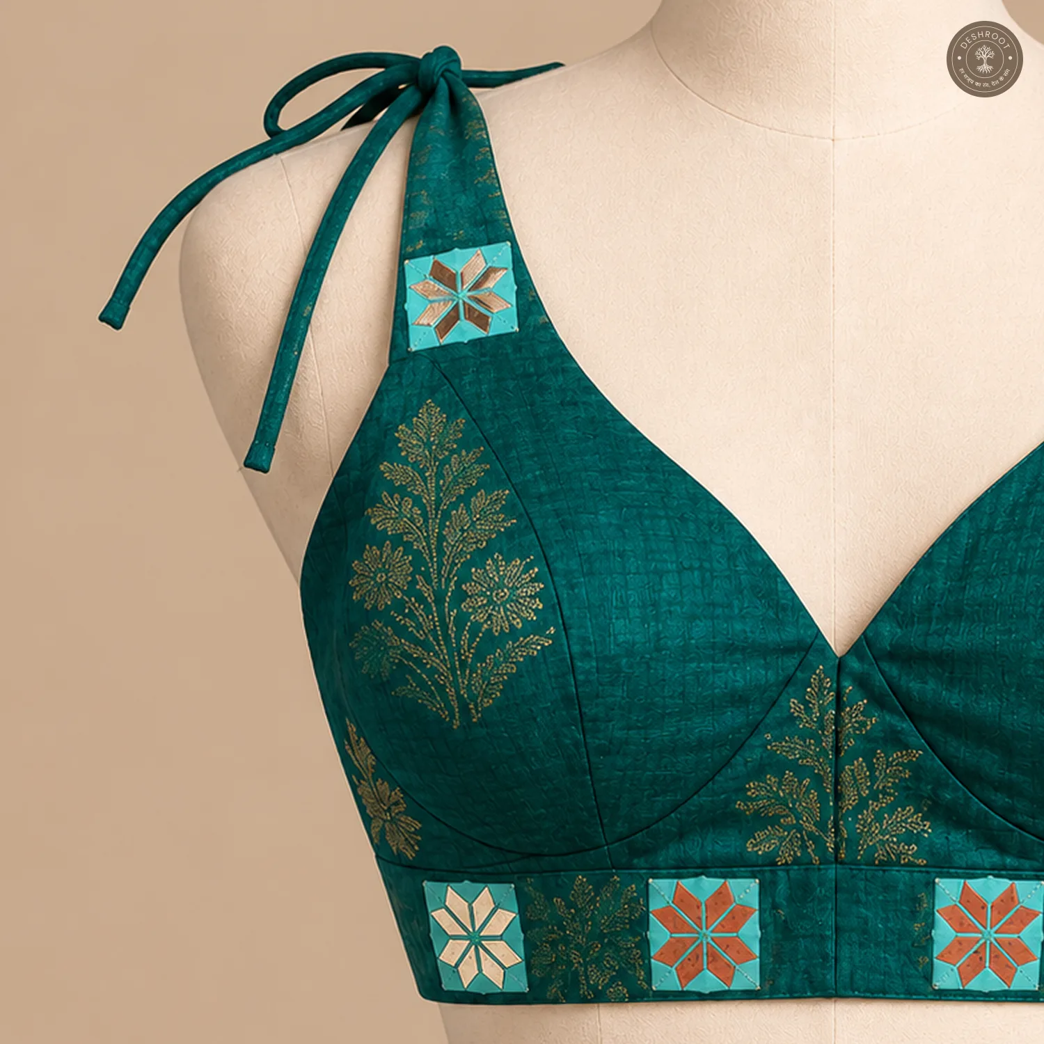 Teal Pure Dola Silk Blouse with Handcrafted Vintage Mirror Work
