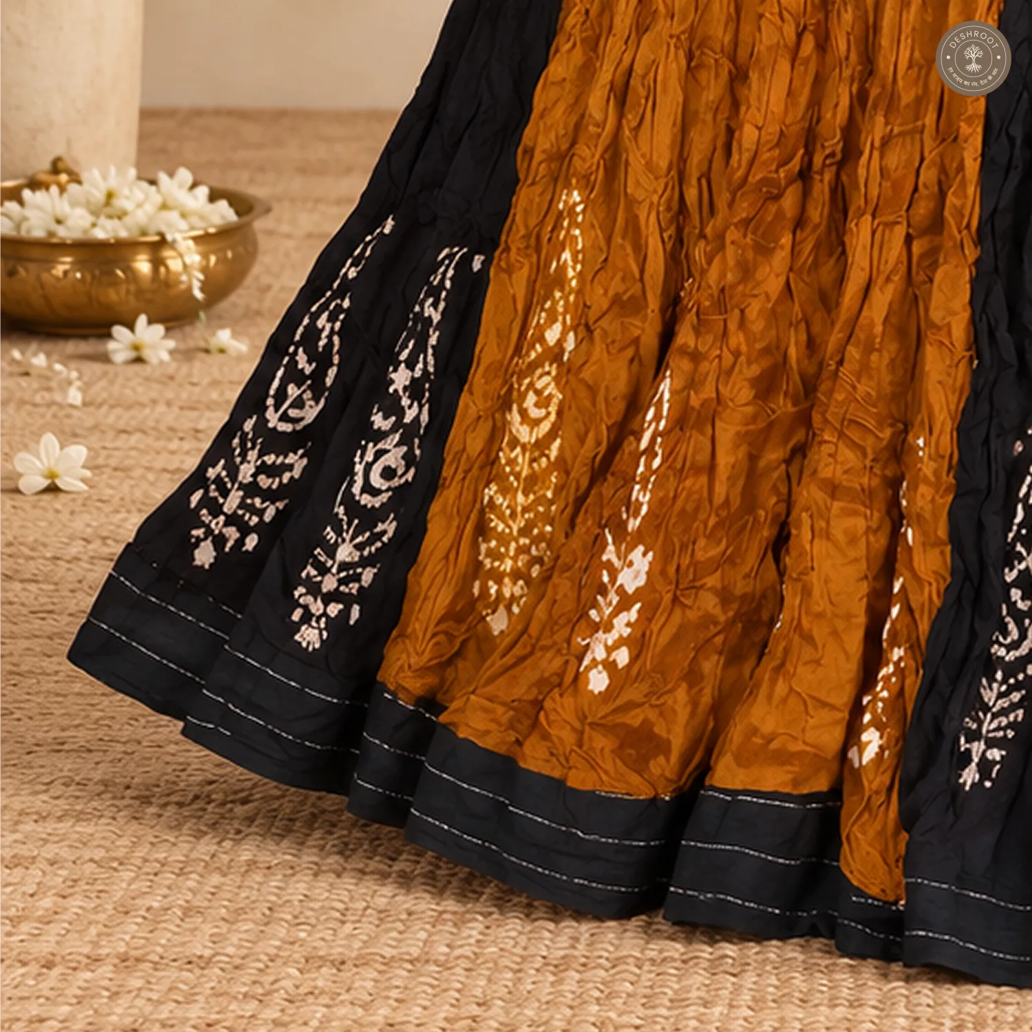 Mustard Black Patchwork Dola Silk Chaniya Ghagra