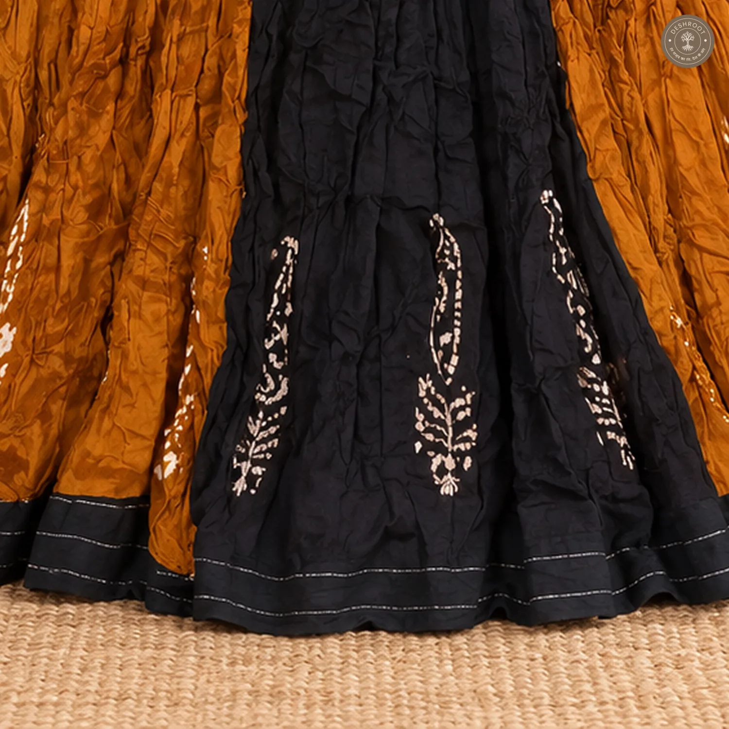 Mustard Black Patchwork Dola Silk Chaniya Ghagra