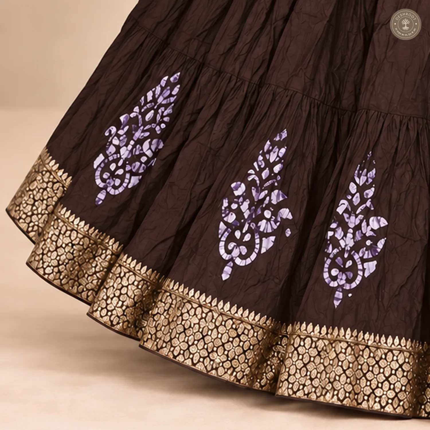 Brown Dola Silk Chaniya Ghagra with Floral Motifs & Golden Border