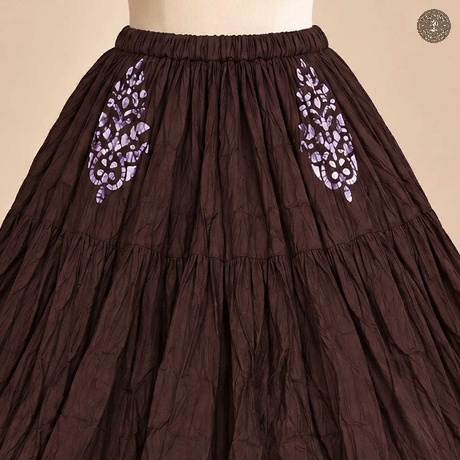 Brown Dola Silk Chaniya Ghagra with Floral Motifs & Golden Border