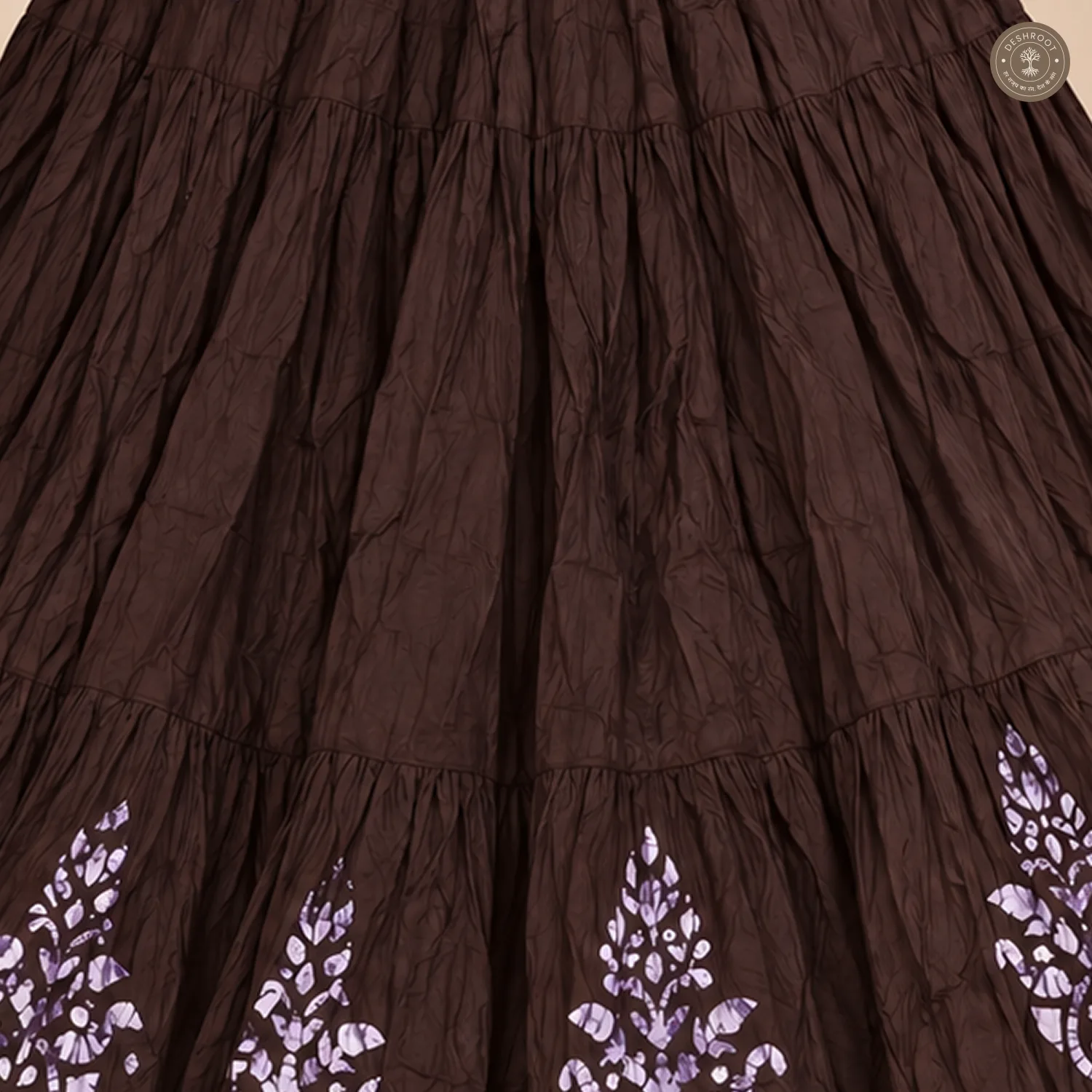 Brown Dola Silk Chaniya Ghagra with Floral Motifs & Golden Border