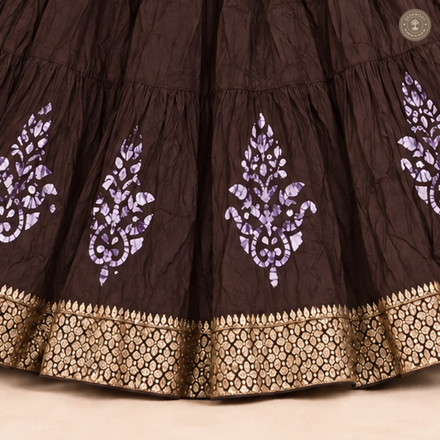 Brown Dola Silk Chaniya Ghagra with Floral Motifs & Golden Border