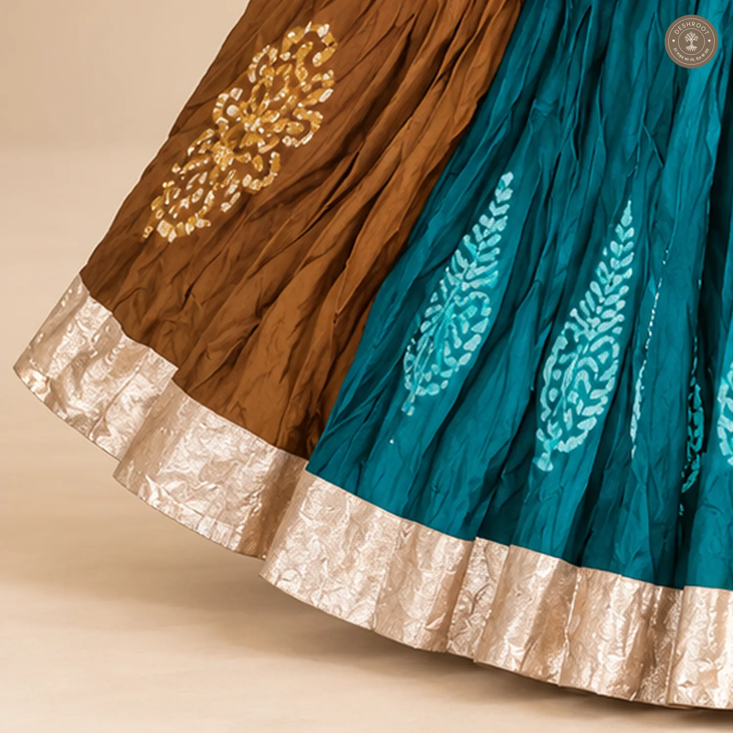 Teal Brown Patchwork Dola Silk Chaniya Ghagra
