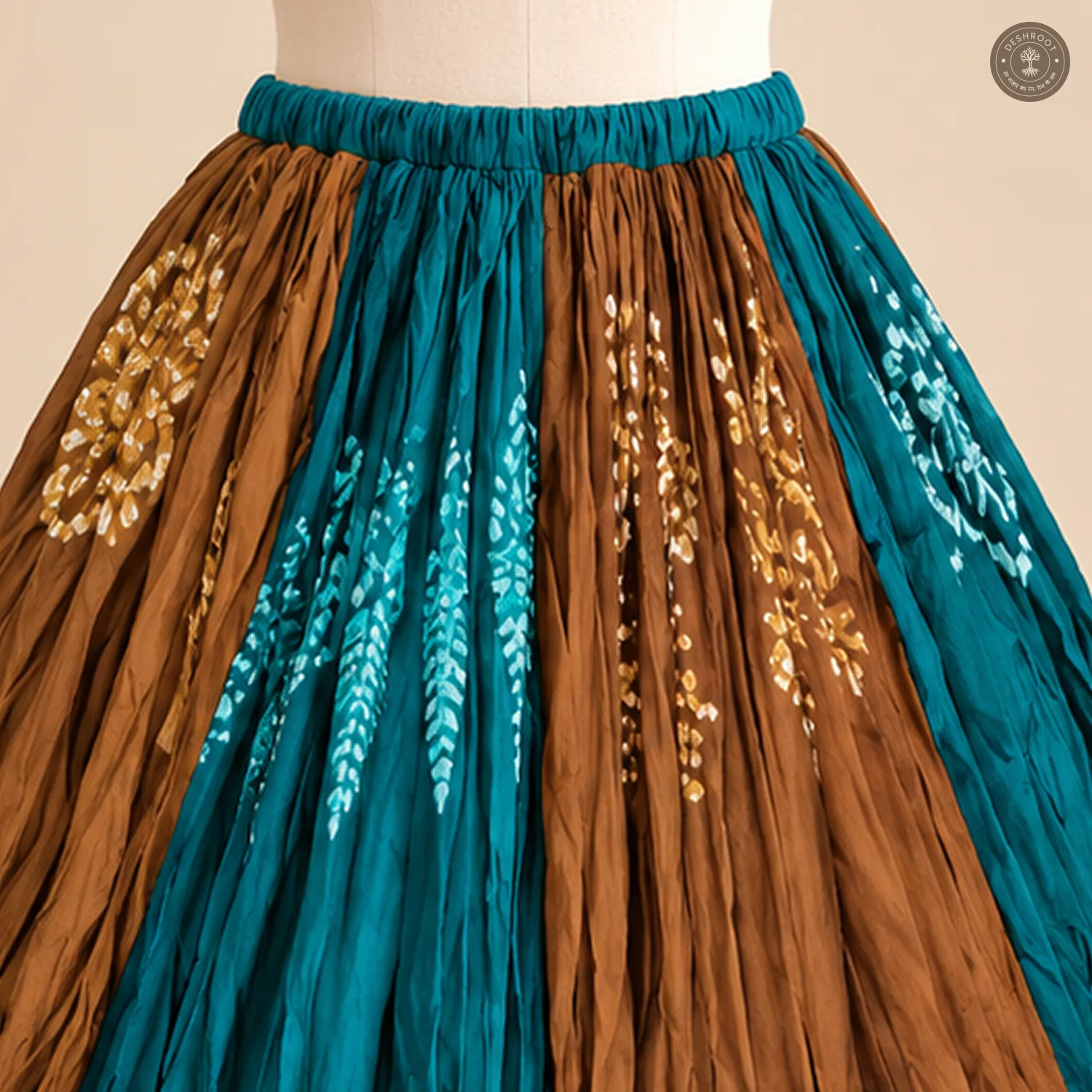 Teal Brown Patchwork Dola Silk Chaniya Ghagra
