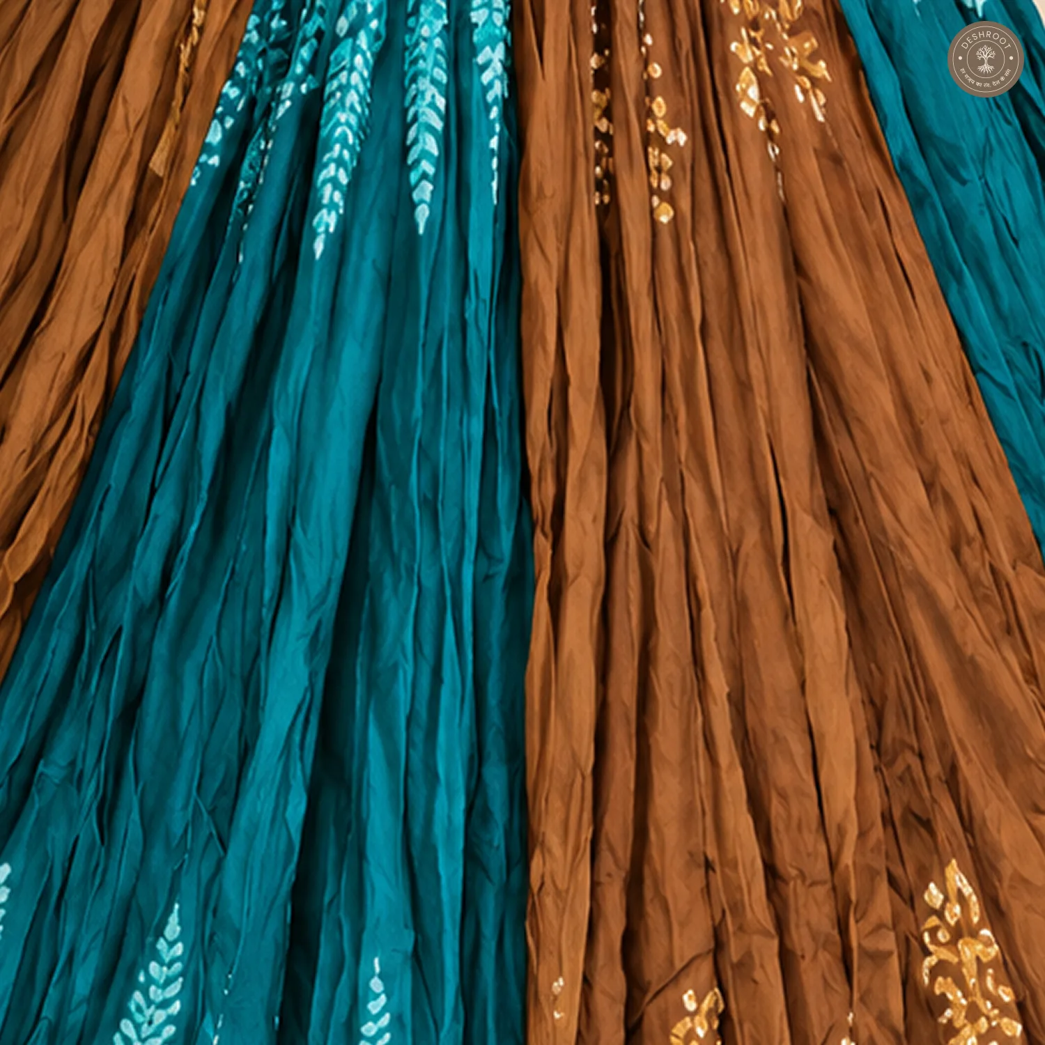 Teal Brown Patchwork Dola Silk Chaniya Ghagra