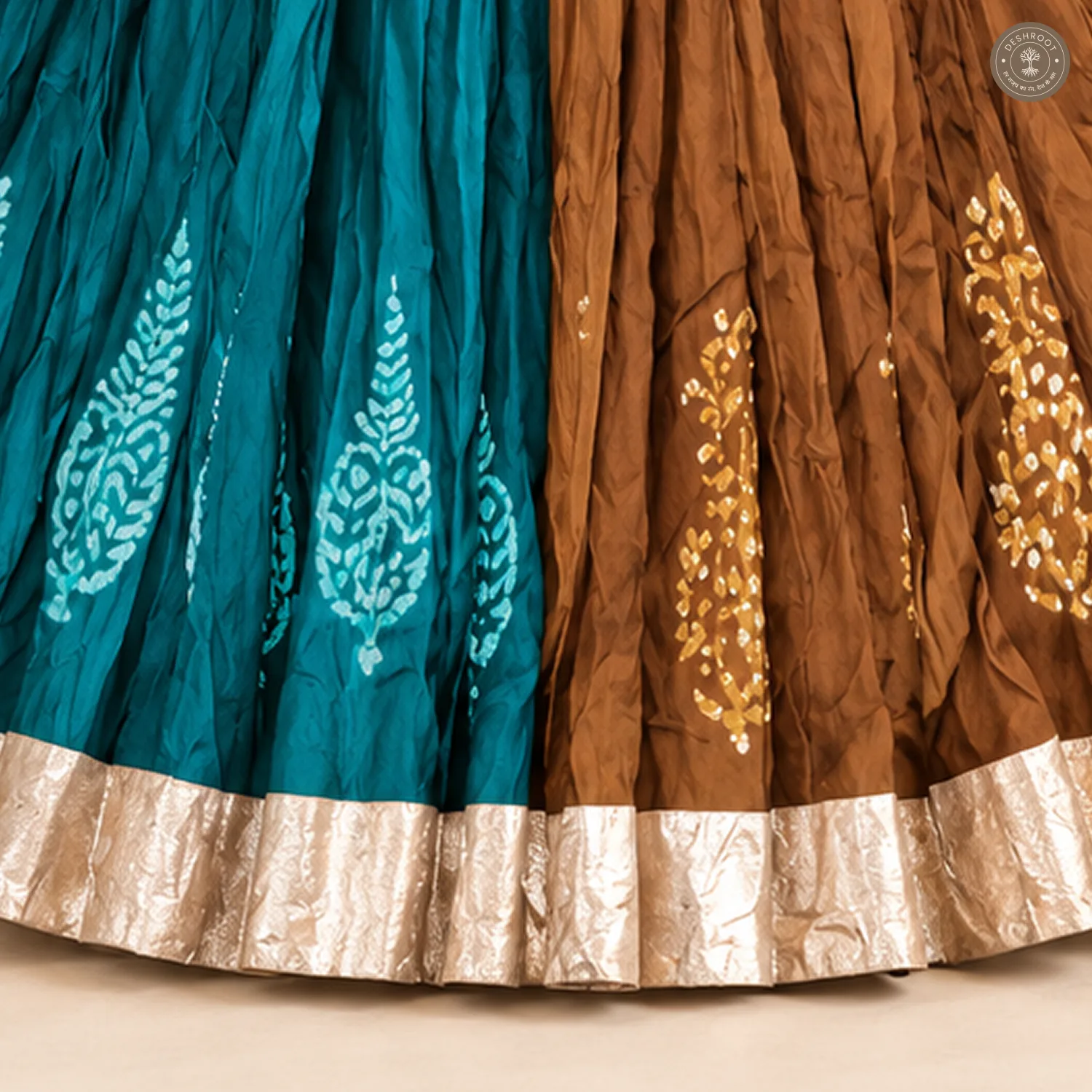 Teal Brown Patchwork Dola Silk Chaniya Ghagra