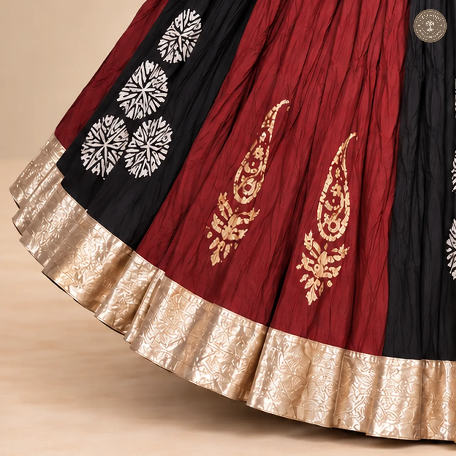 Red & Black Dola Silk Chaniya Ghagra with Printed Motifs & Golden Border