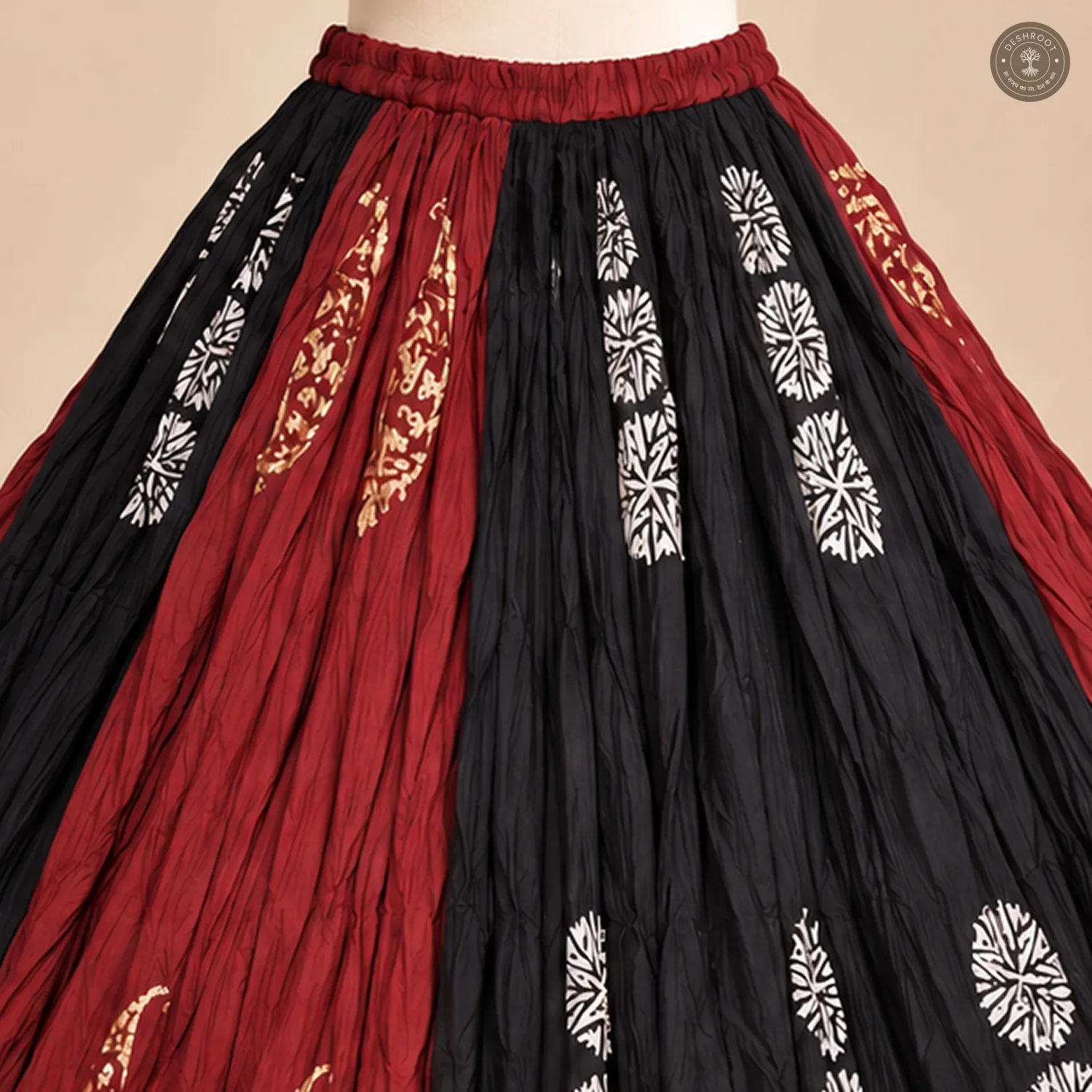 Red & Black Dola Silk Chaniya Ghagra with Printed Motifs & Golden Border