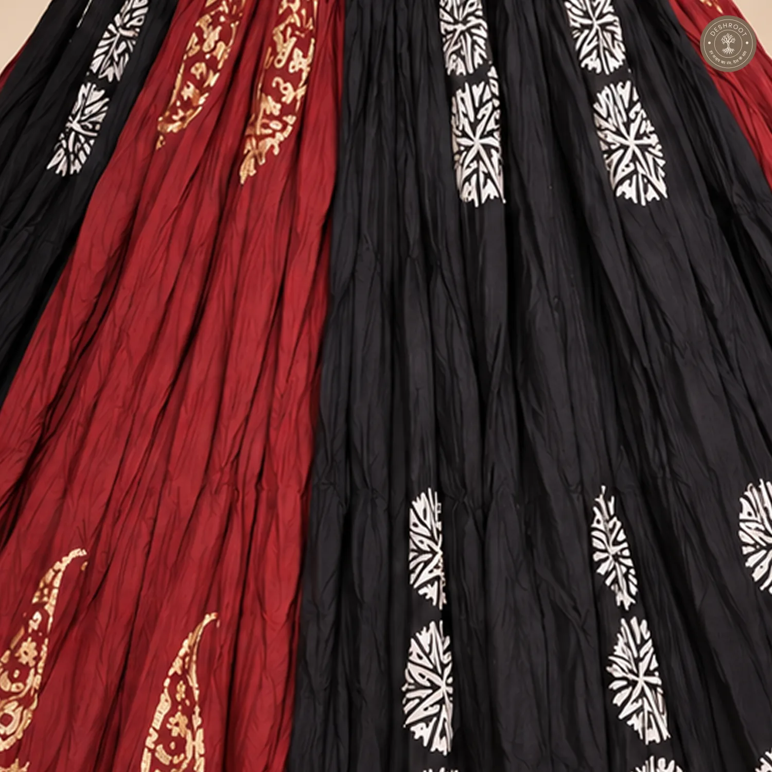 Red & Black Dola Silk Chaniya Ghagra with Printed Motifs & Golden Border