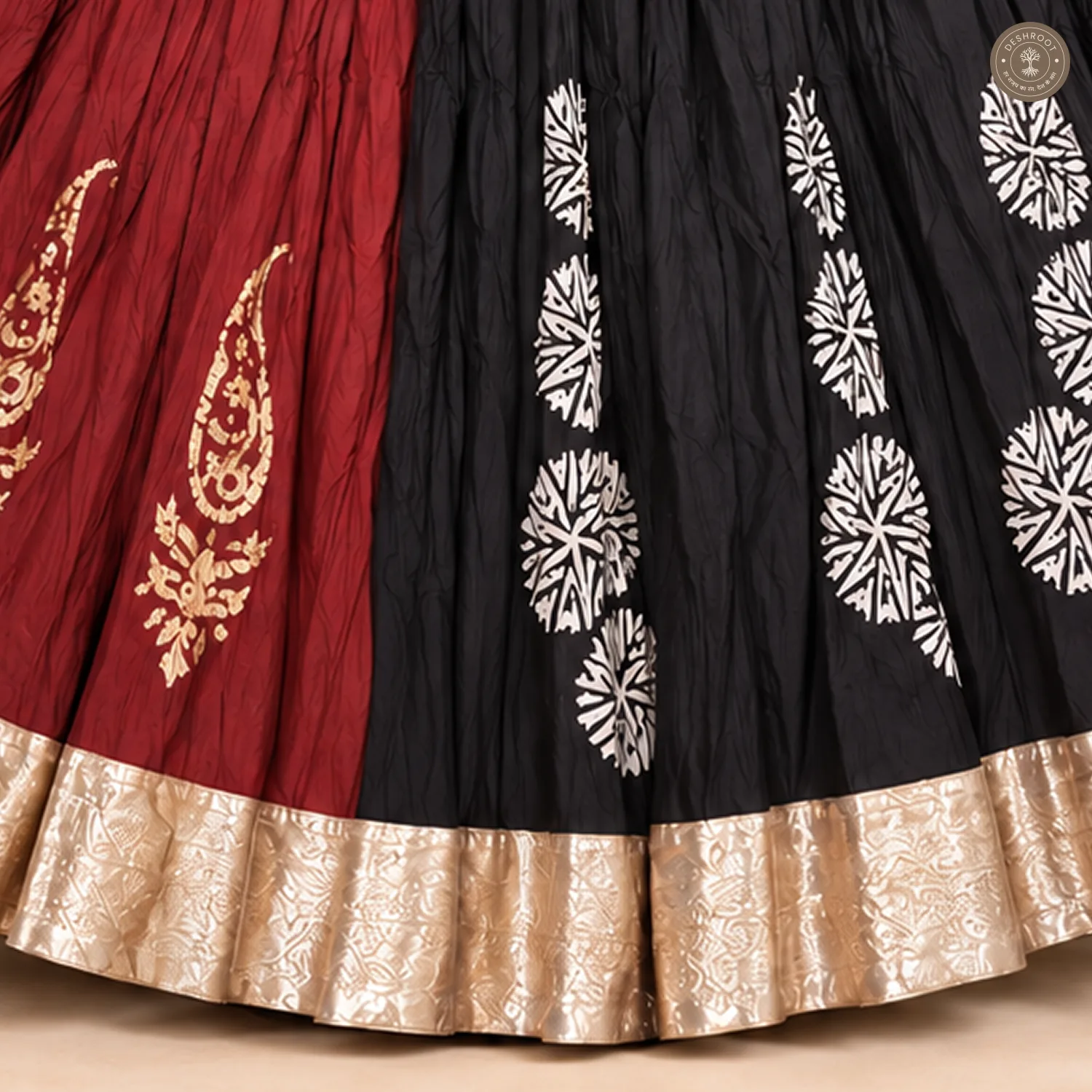 Red & Black Dola Silk Chaniya Ghagra with Printed Motifs & Golden Border