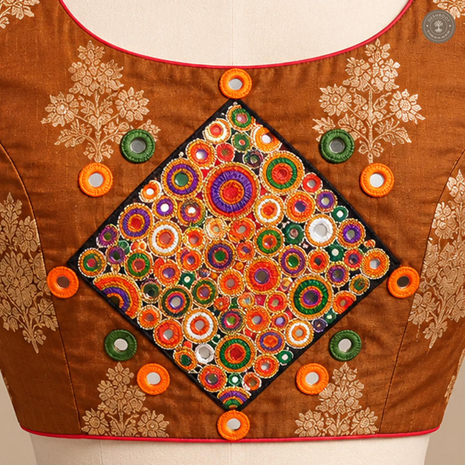 Rust Brown Dola Silk Blouse with Handcrafted Mirror Work