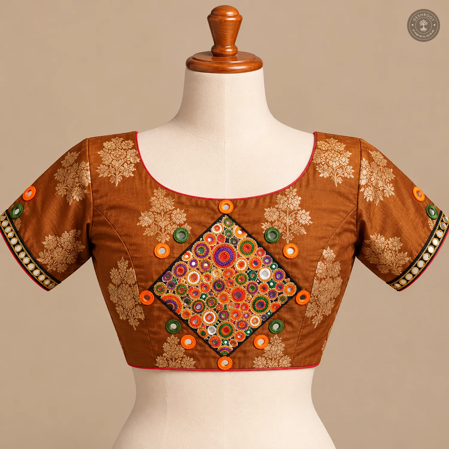 Rust Brown Dola Silk Blouse with Handcrafted Mirror Work