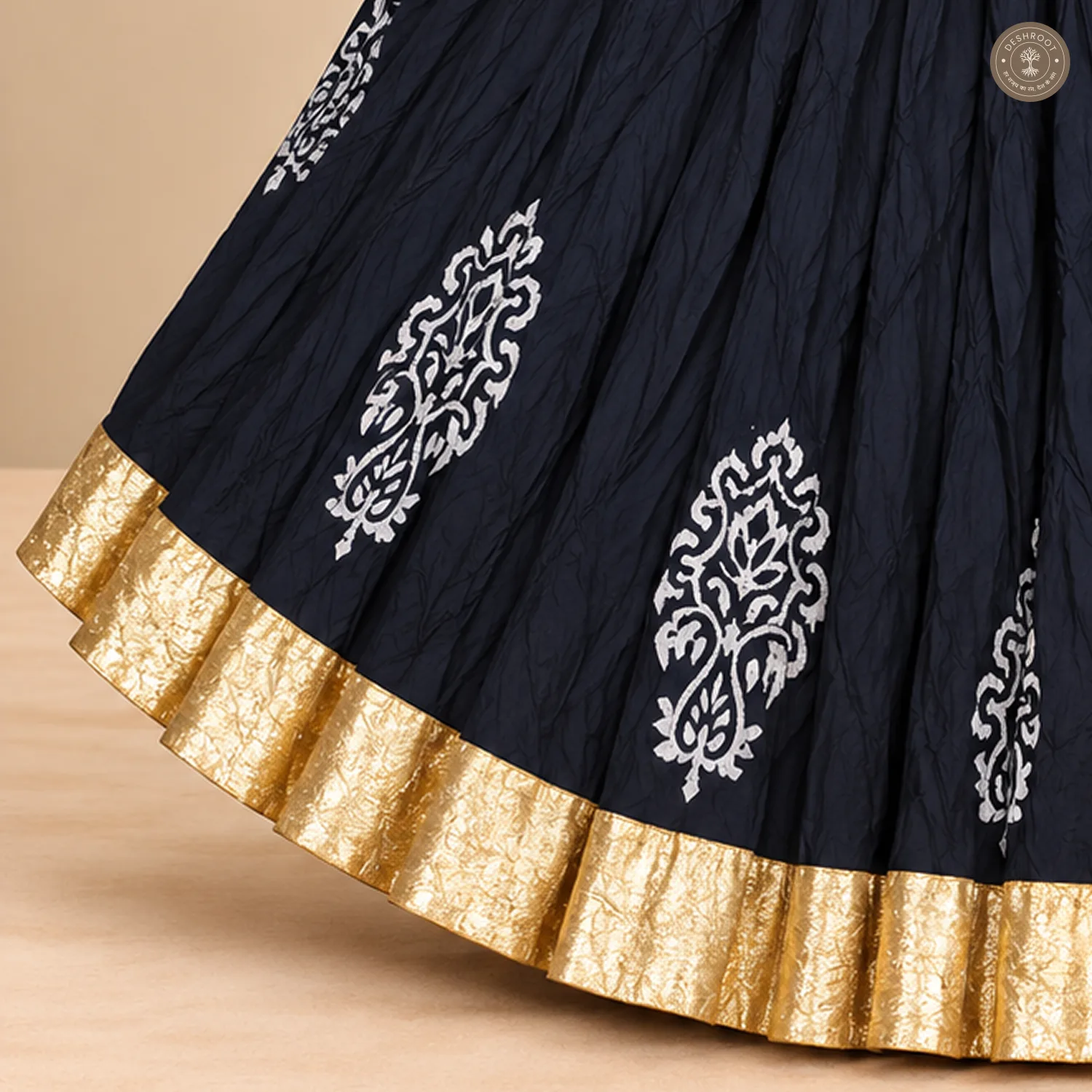 Navy Blue Dola Silk Chaniya Ghagra with White Motifs & Golden Border