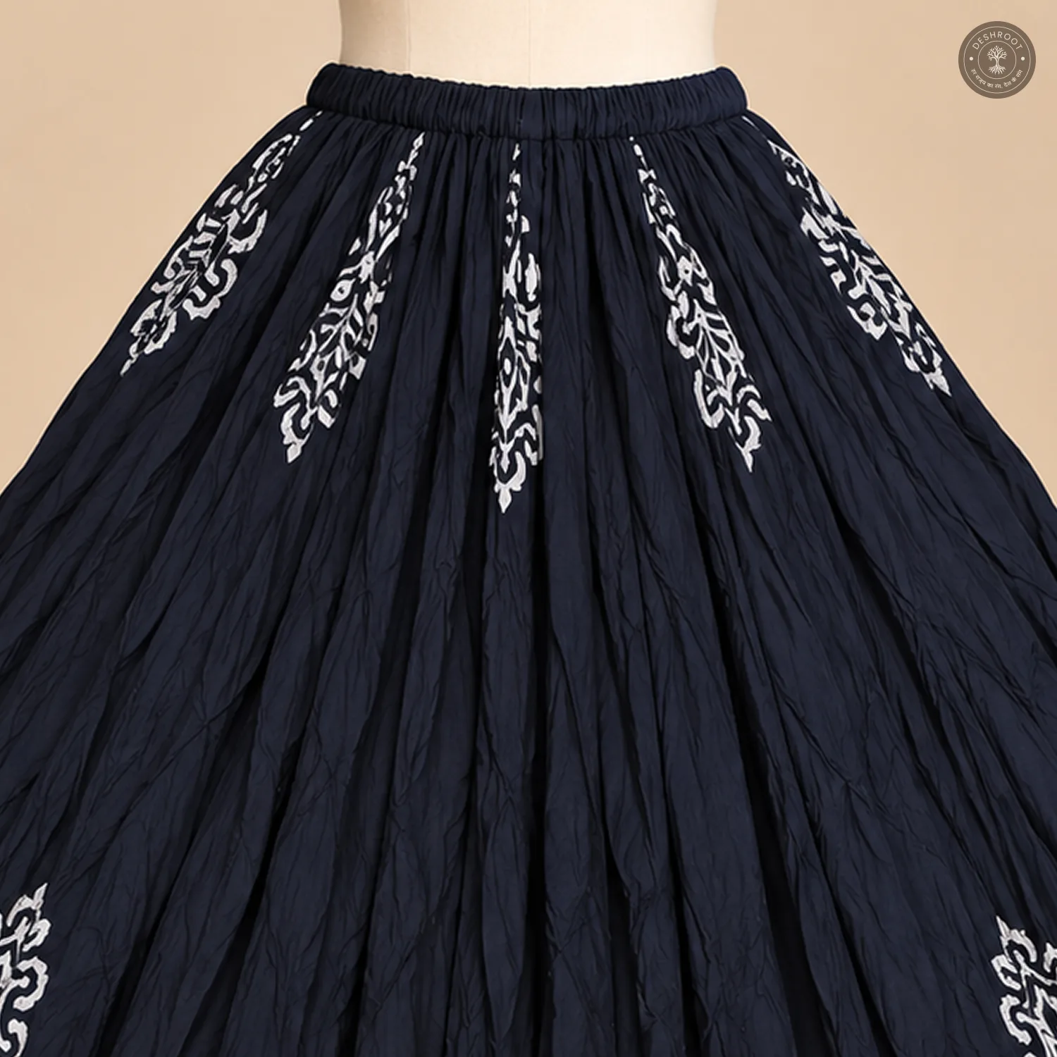 Navy Blue Dola Silk Chaniya Ghagra with White Motifs & Golden Border
