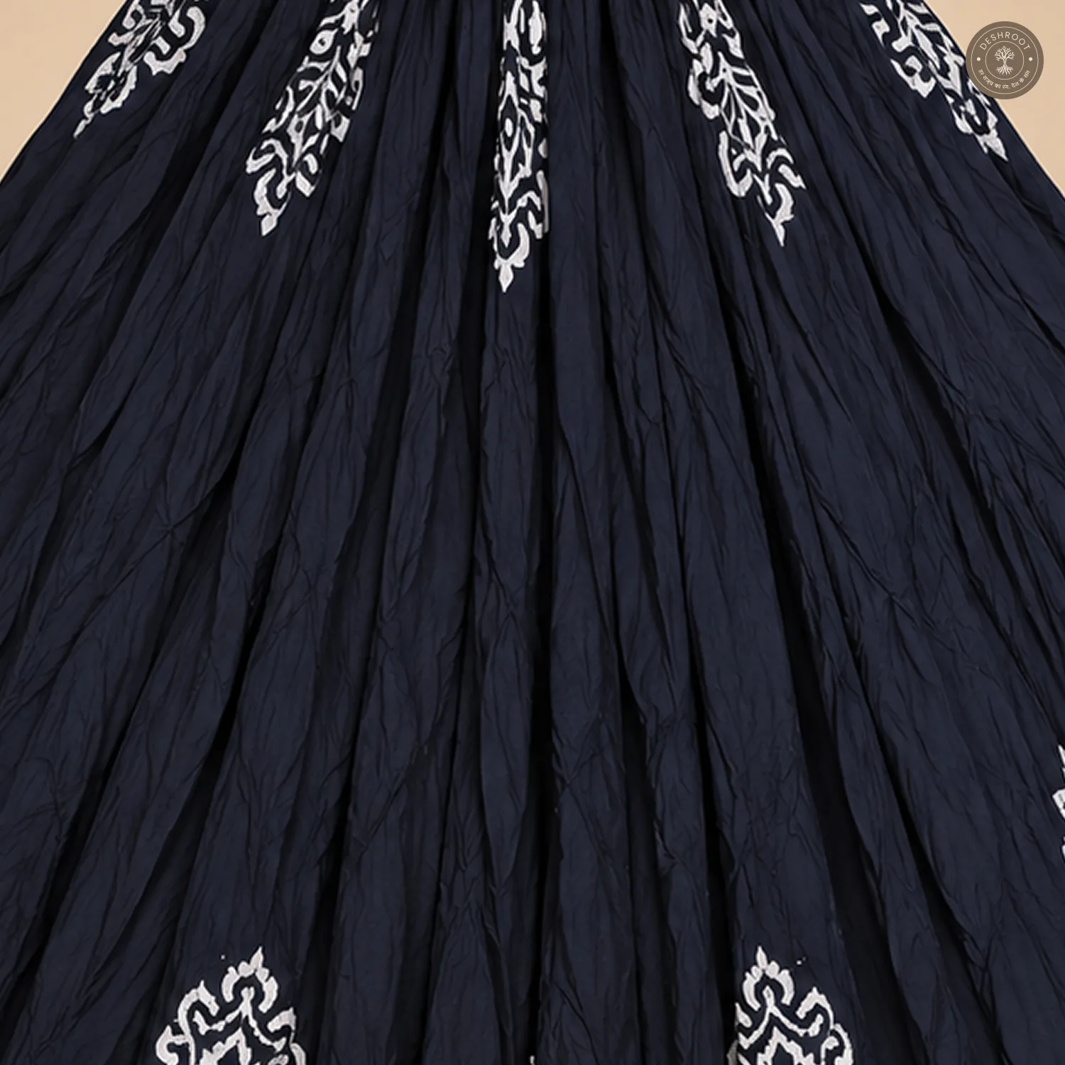 Navy Blue Dola Silk Chaniya Ghagra with White Motifs & Golden Border