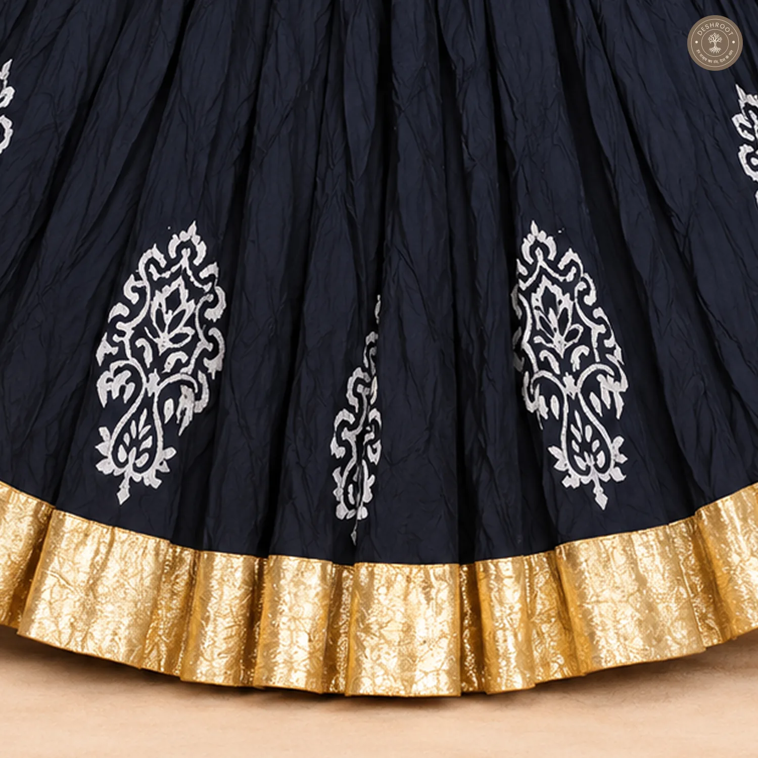 Navy Blue Dola Silk Chaniya Ghagra with White Motifs & Golden Border