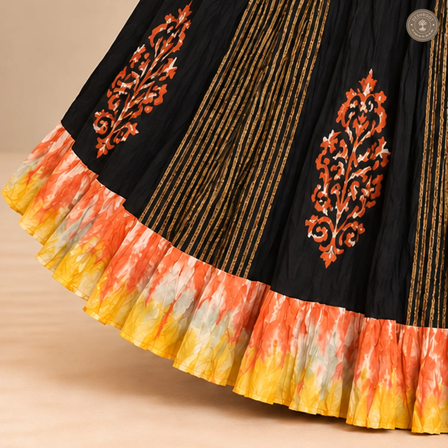 Black Dola Silk Chaniya Ghagra with Orange Motifs & Multicolour Flared Border