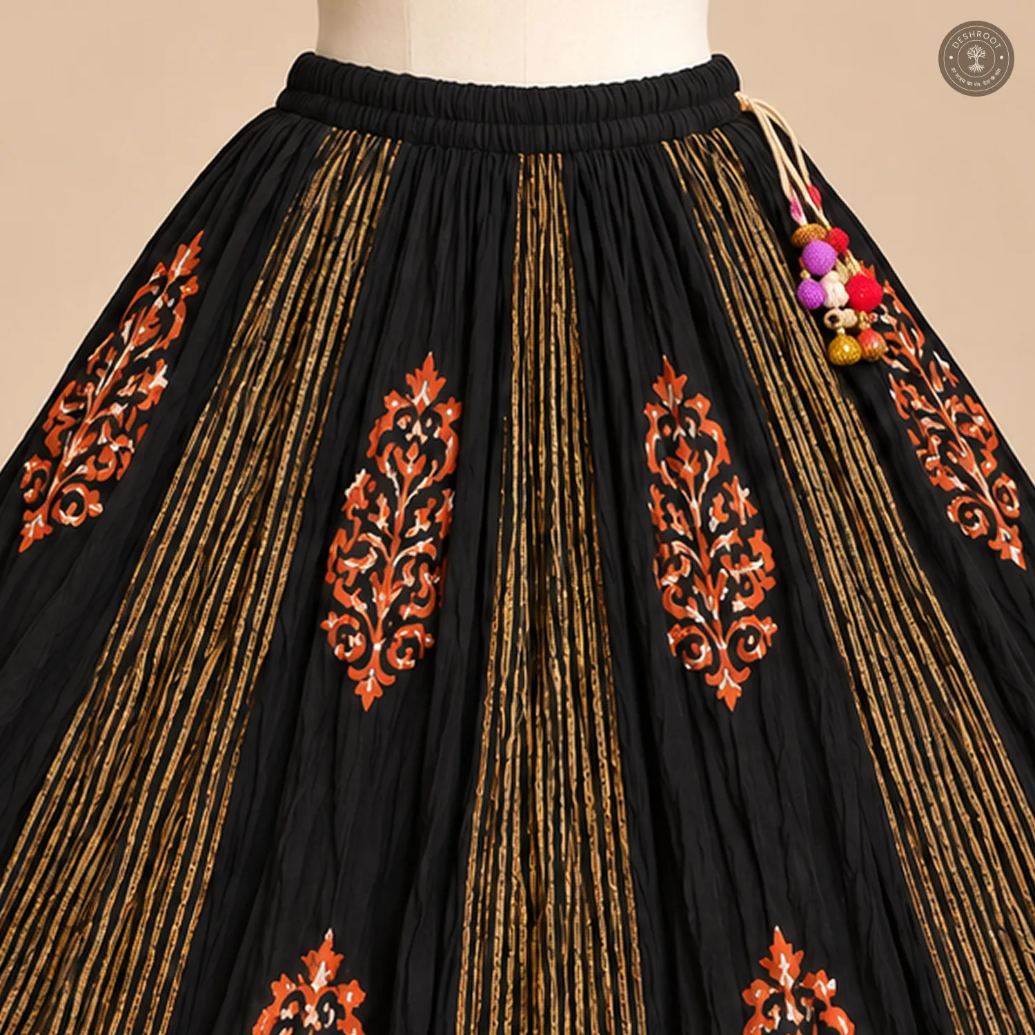Black Dola Silk Chaniya Ghagra with Orange Motifs & Multicolour Flared Border