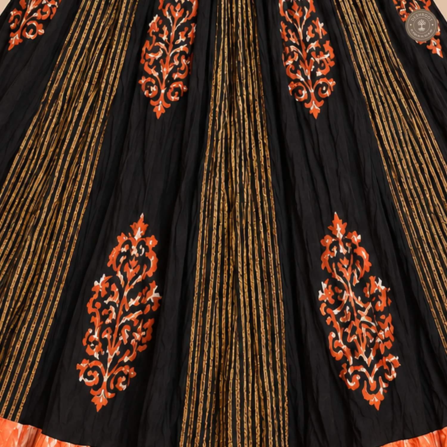 Black Dola Silk Chaniya Ghagra with Orange Motifs & Multicolour Flared Border