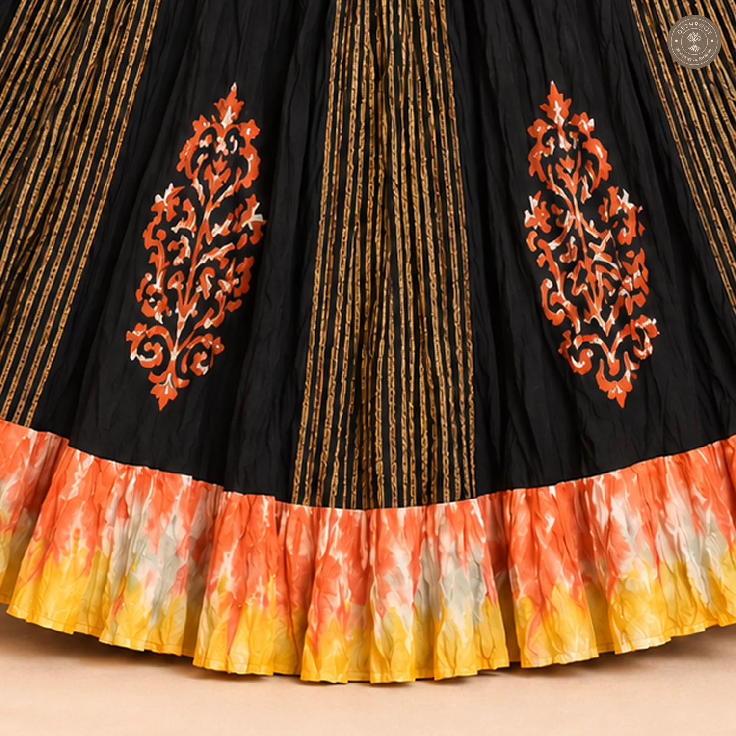 Black Dola Silk Chaniya Ghagra with Orange Motifs & Multicolour Flared Border