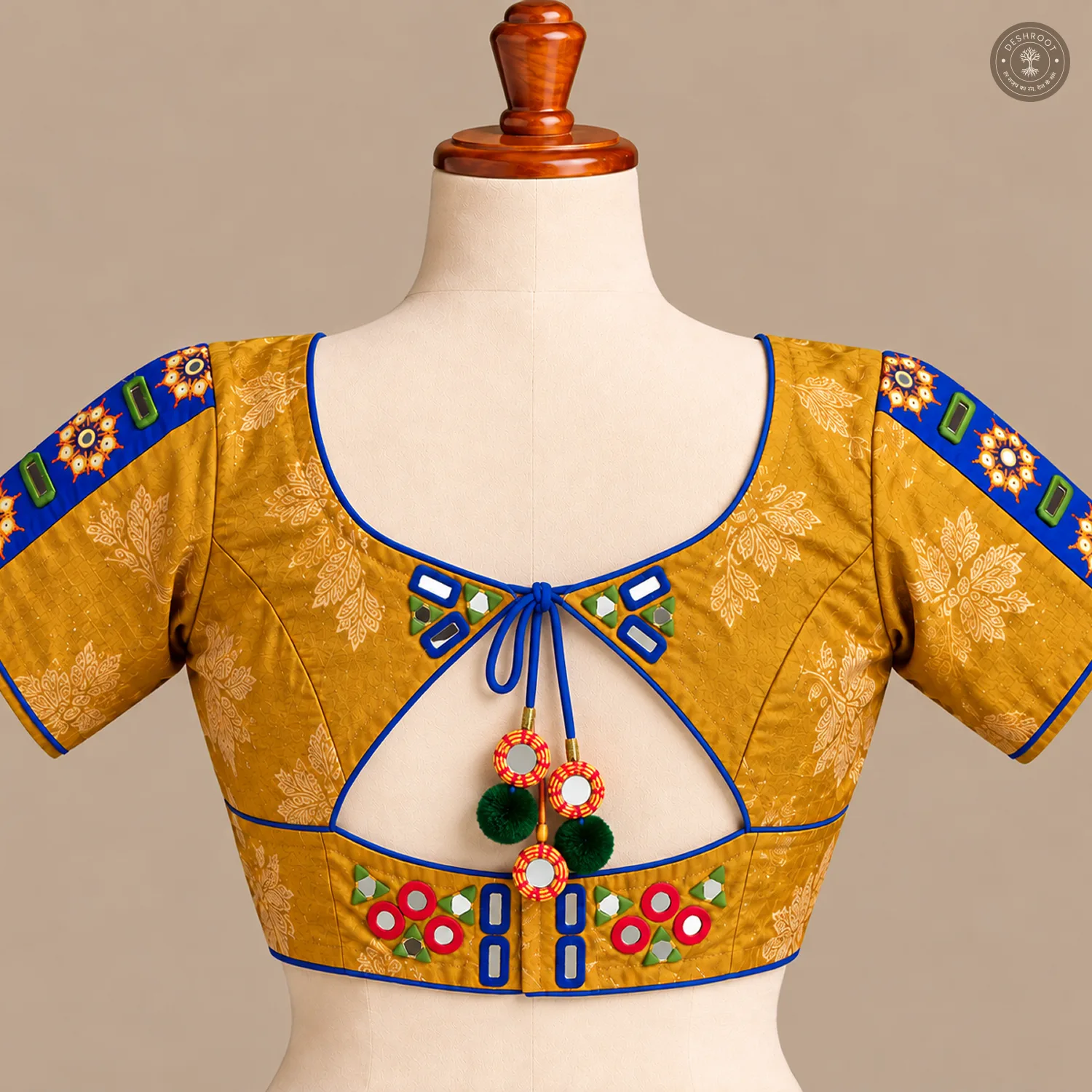 Mustard Gold Pure Dola Silk Blouse with Hand Mirror & Patch Work