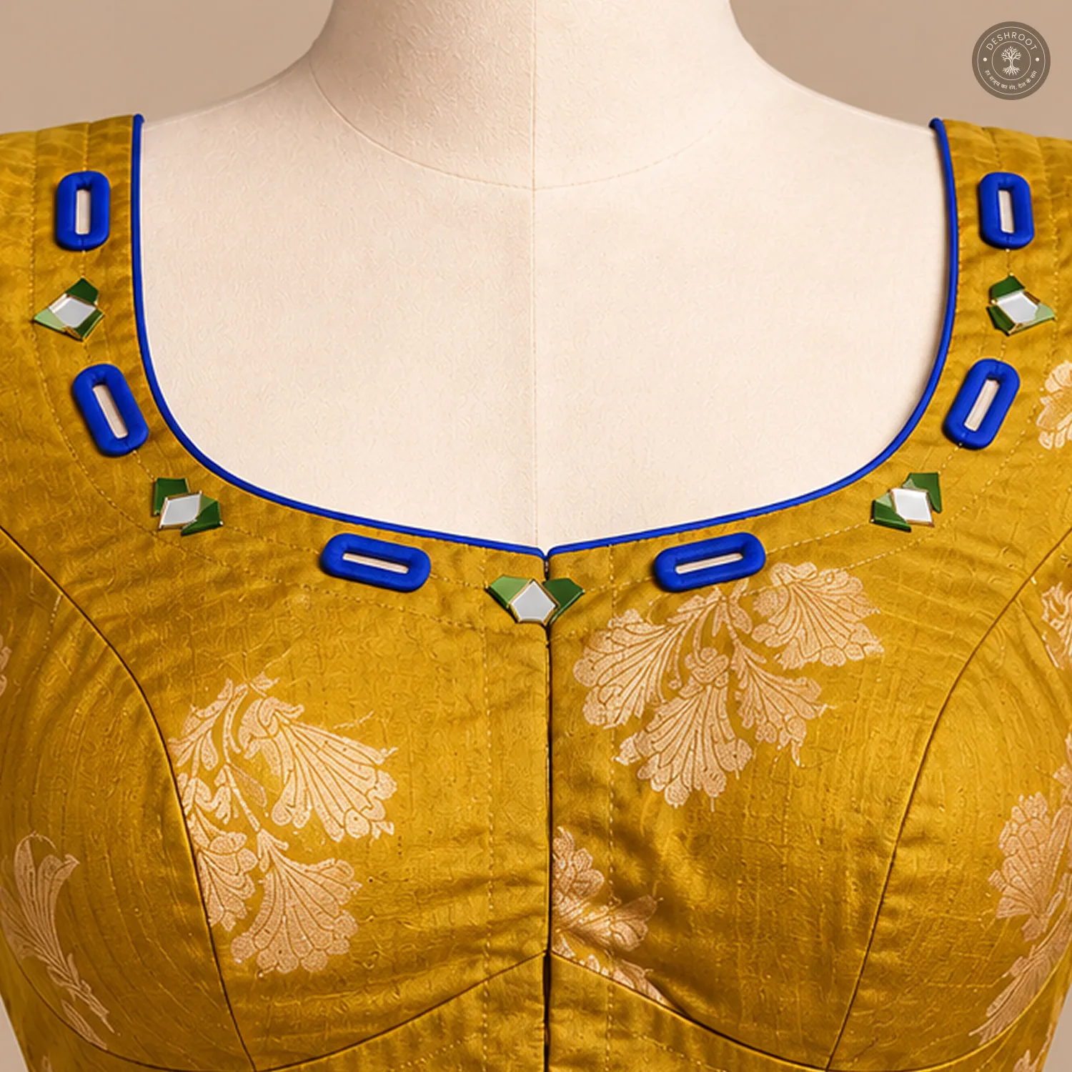 Mustard Gold Pure Dola Silk Blouse with Hand Mirror & Patch Work