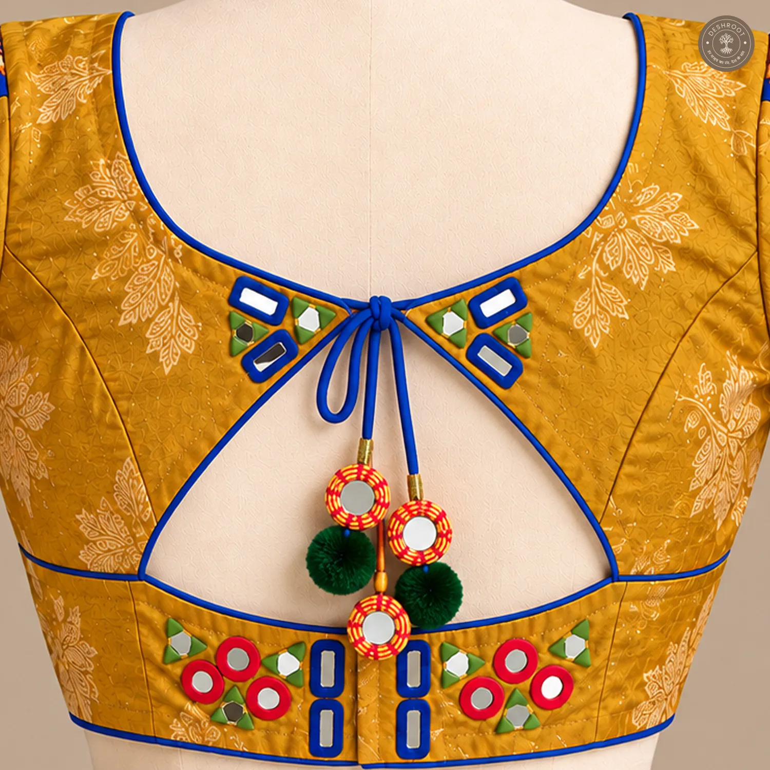 Mustard Gold Pure Dola Silk Blouse with Hand Mirror & Patch Work