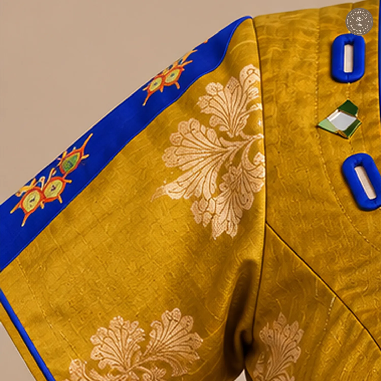Mustard Gold Pure Dola Silk Blouse with Hand Mirror & Patch Work