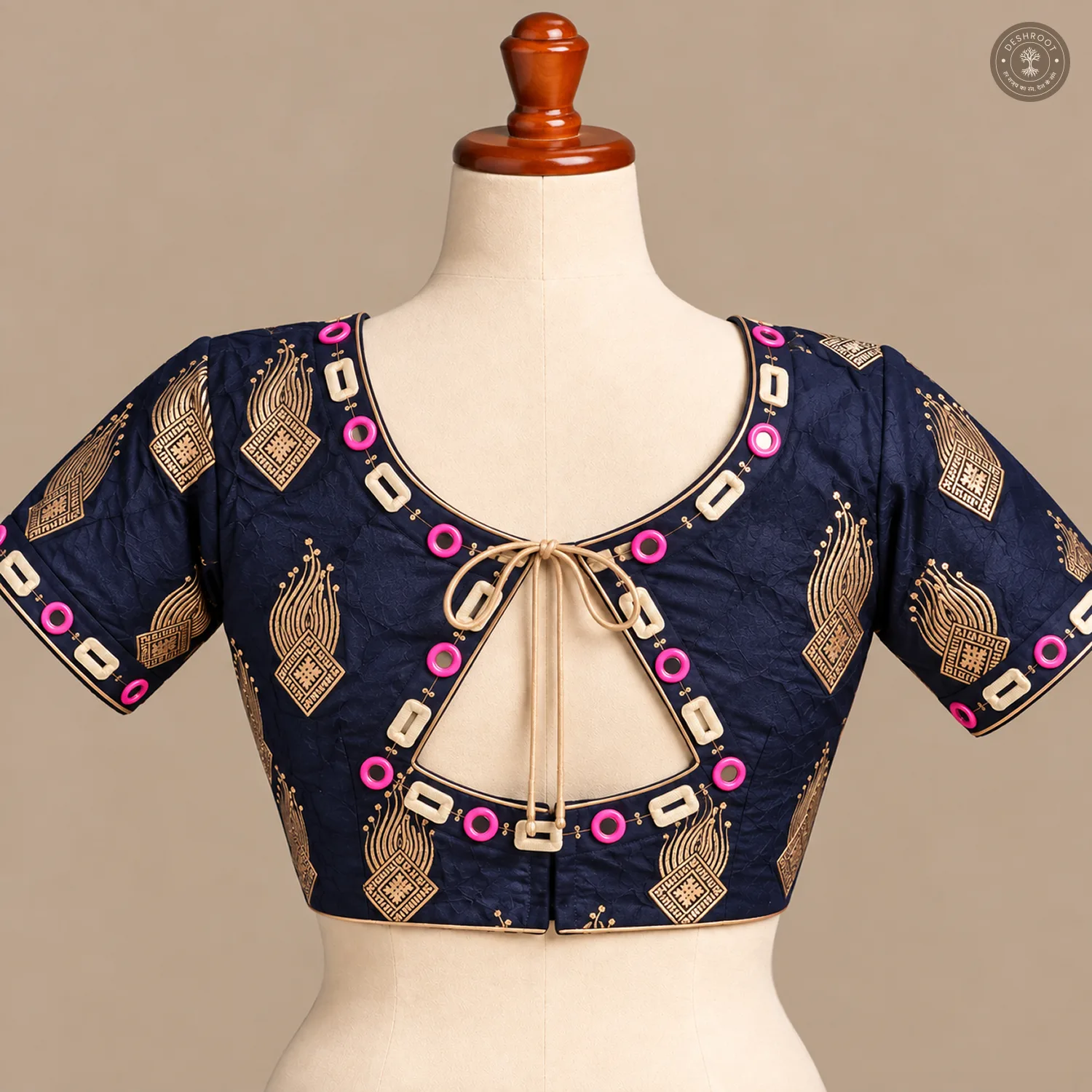 Navy Blue Pure Dola Silk Blouse with Hand Mirror Work