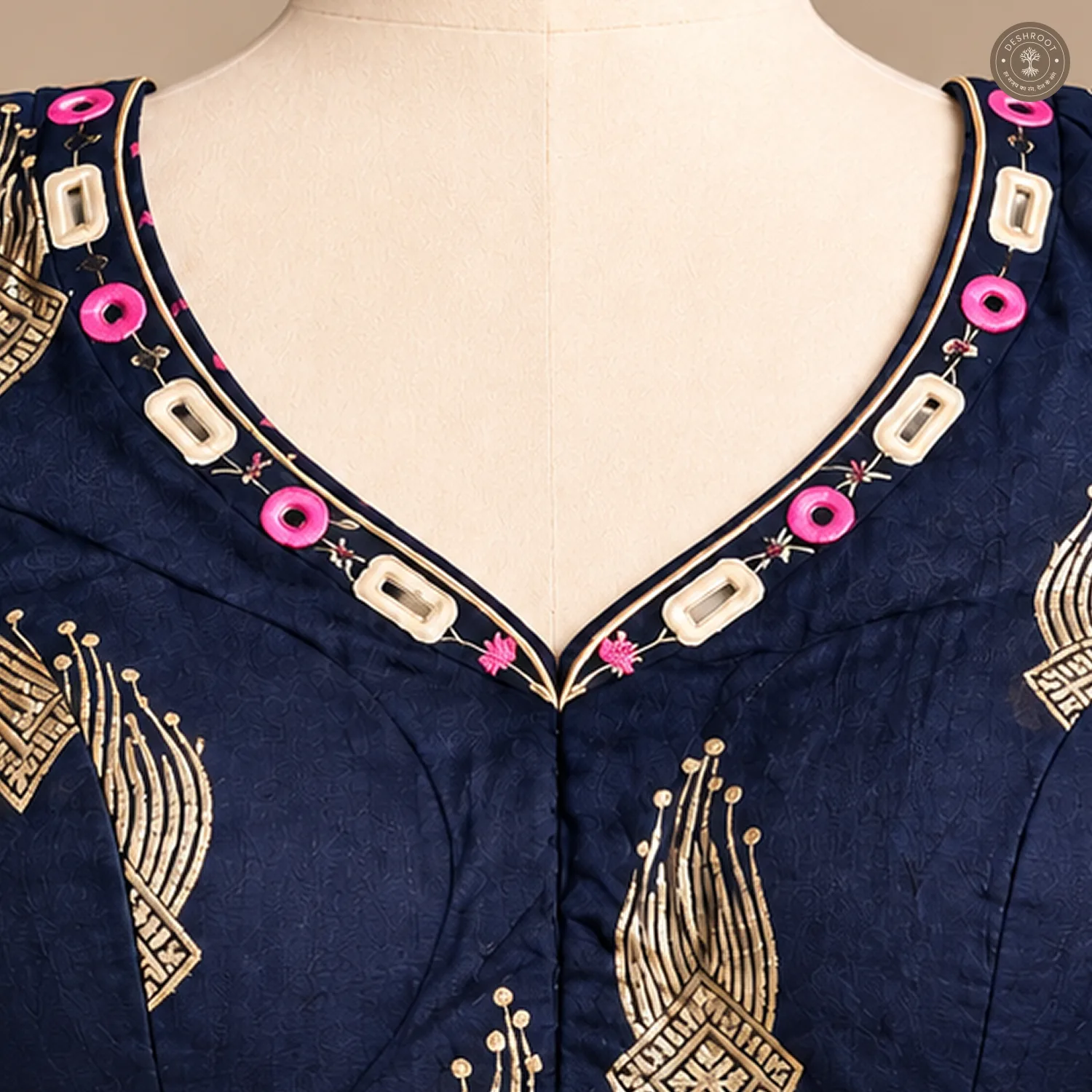 Navy Blue Pure Dola Silk Blouse with Hand Mirror Work