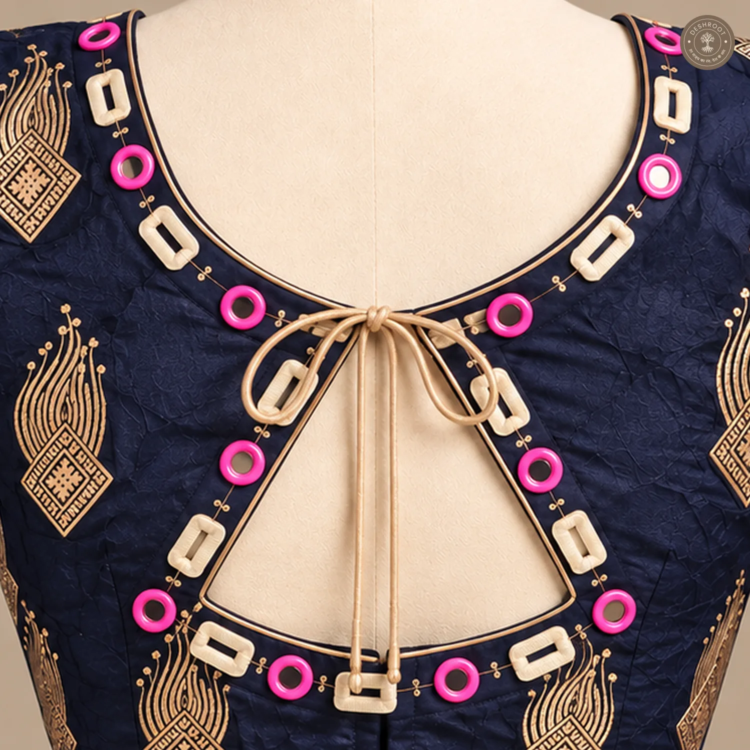 Navy Blue Pure Dola Silk Blouse with Hand Mirror Work
