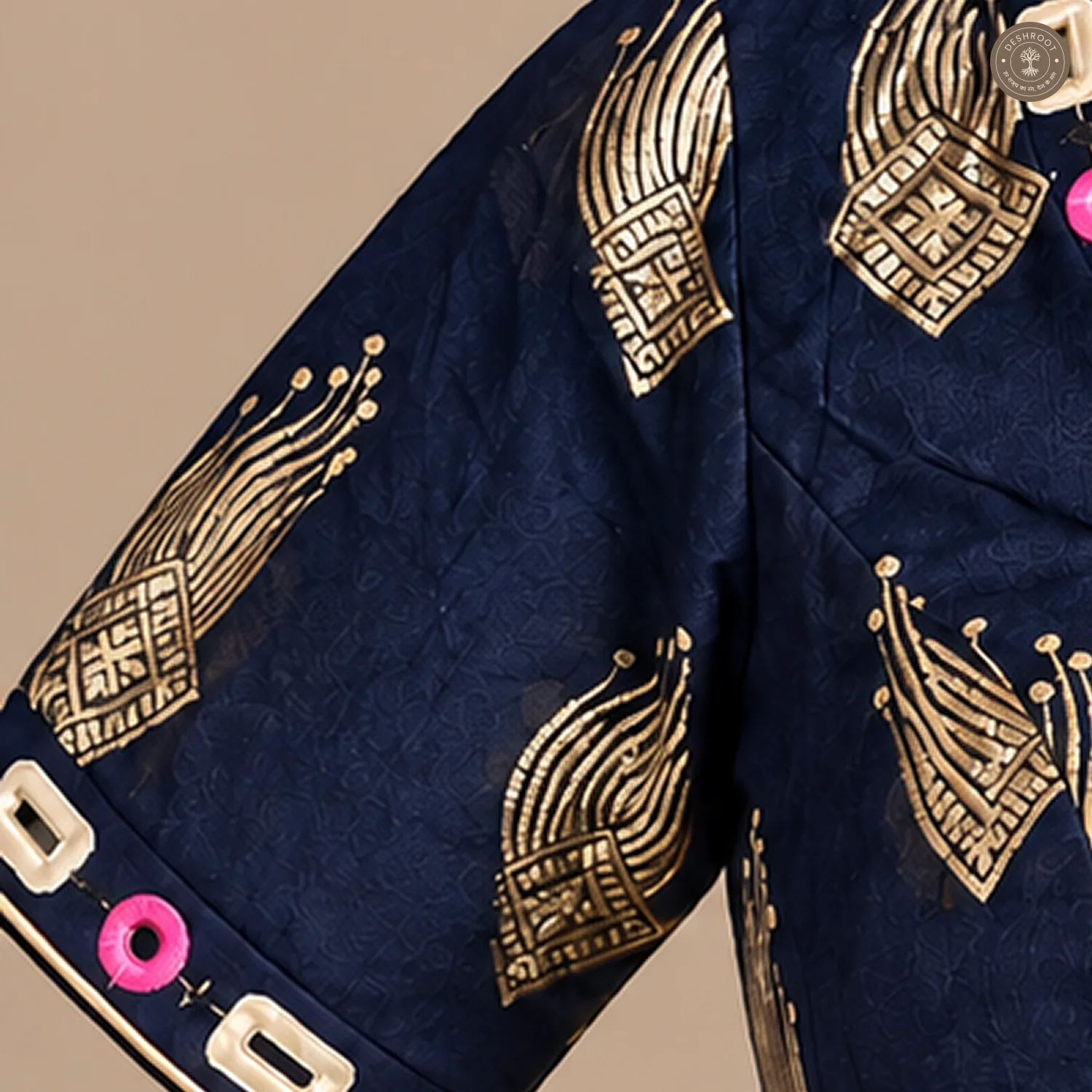 Navy Blue Pure Dola Silk Blouse with Hand Mirror Work