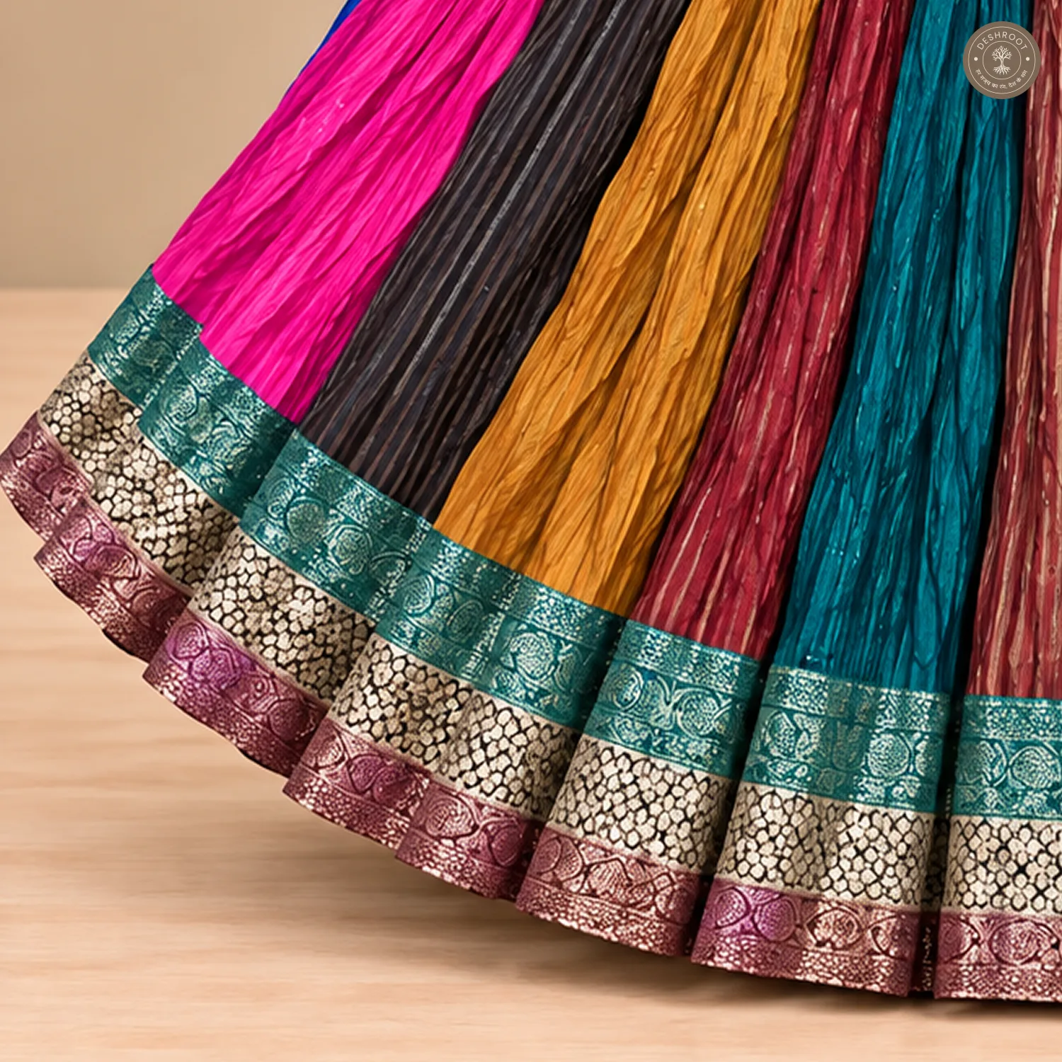 Multicolour Dola Silk Chaniya Ghagra with Decorative Border & Tassel Detailing