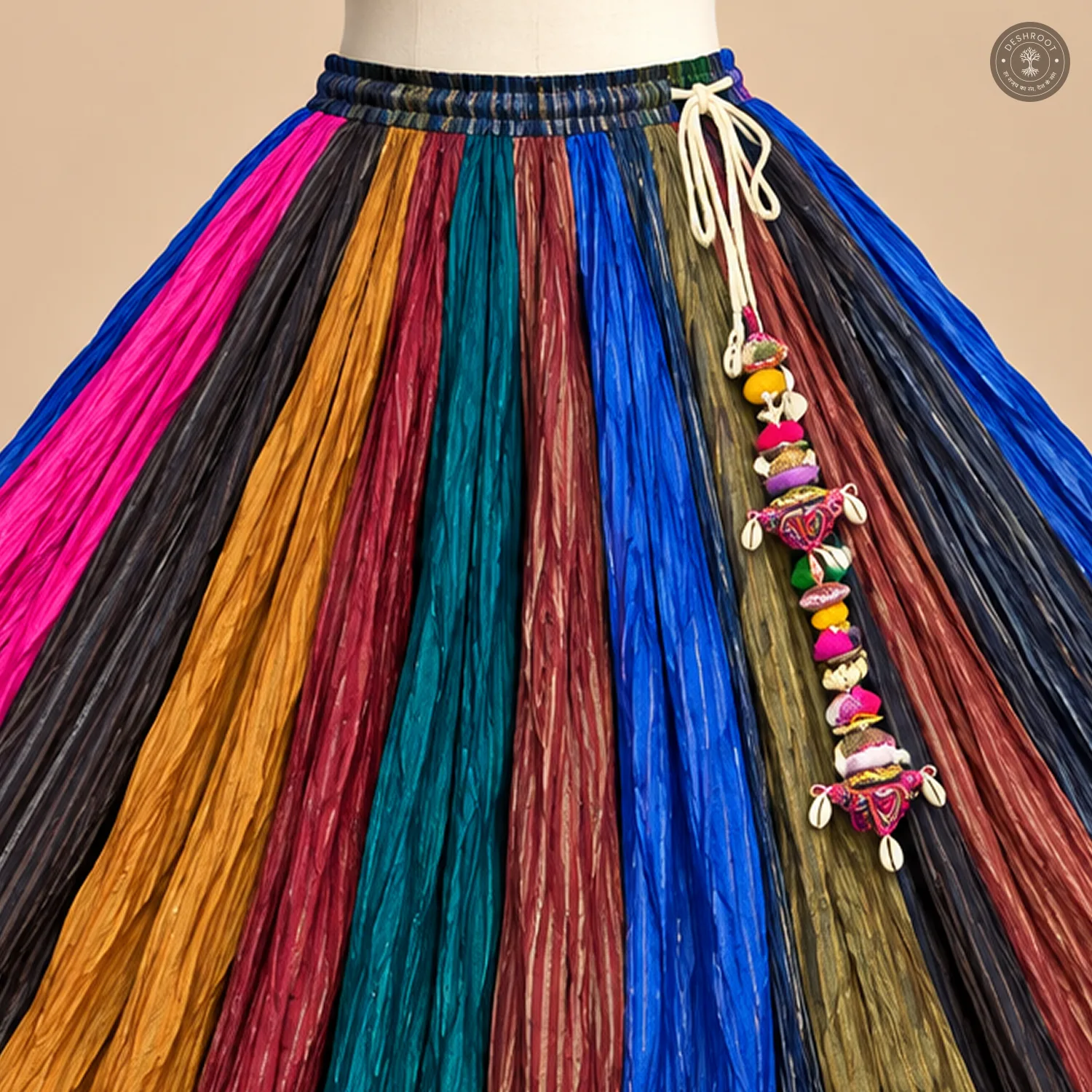 Multicolour Dola Silk Chaniya Ghagra with Decorative Border & Tassel Detailing
