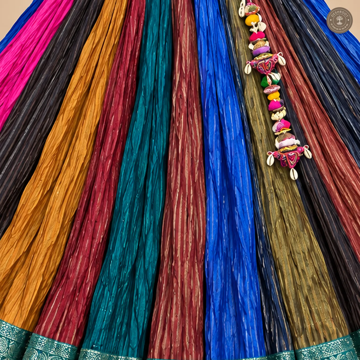 Multicolour Dola Silk Chaniya Ghagra with Decorative Border & Tassel Detailing