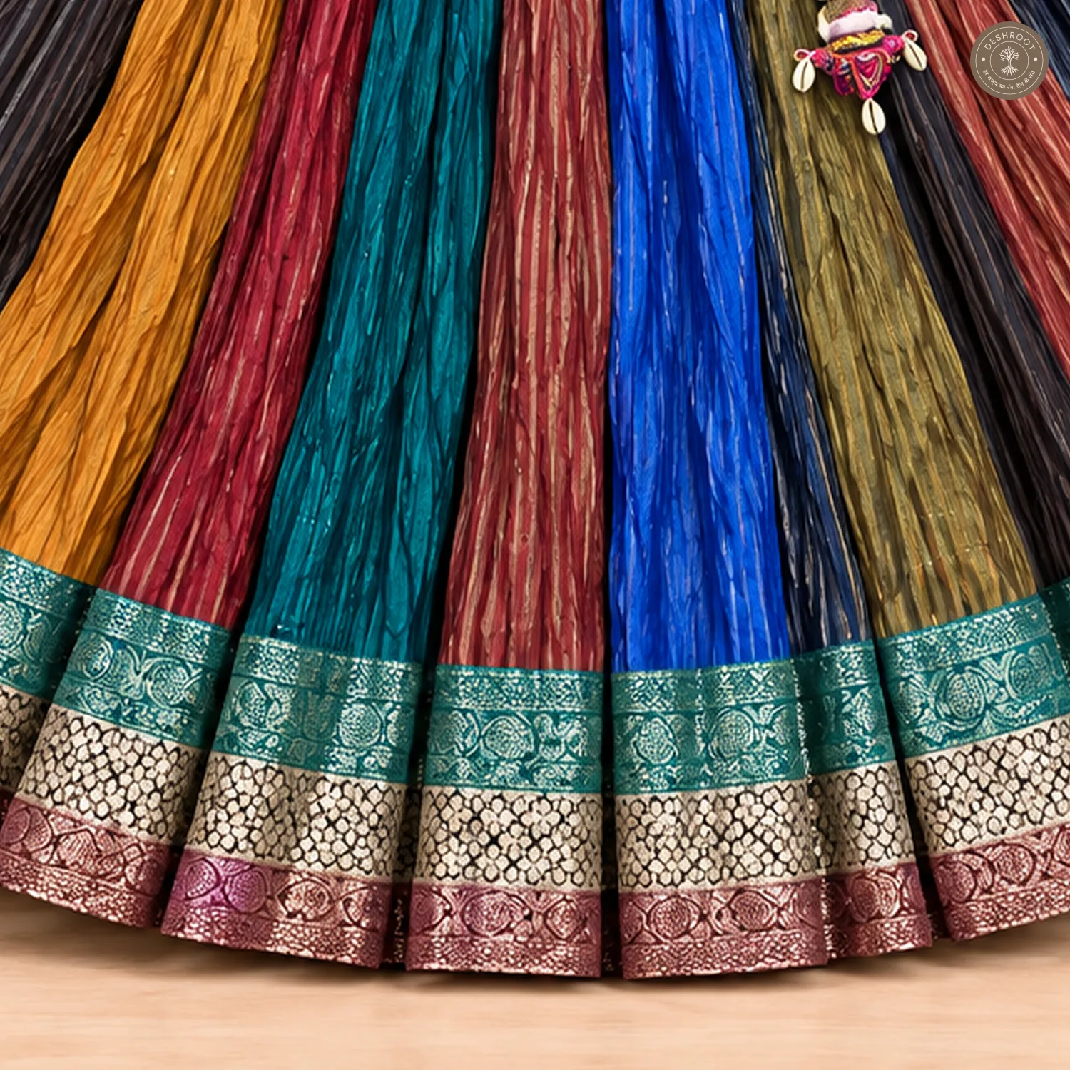 Multicolour Dola Silk Chaniya Ghagra with Decorative Border & Tassel Detailing